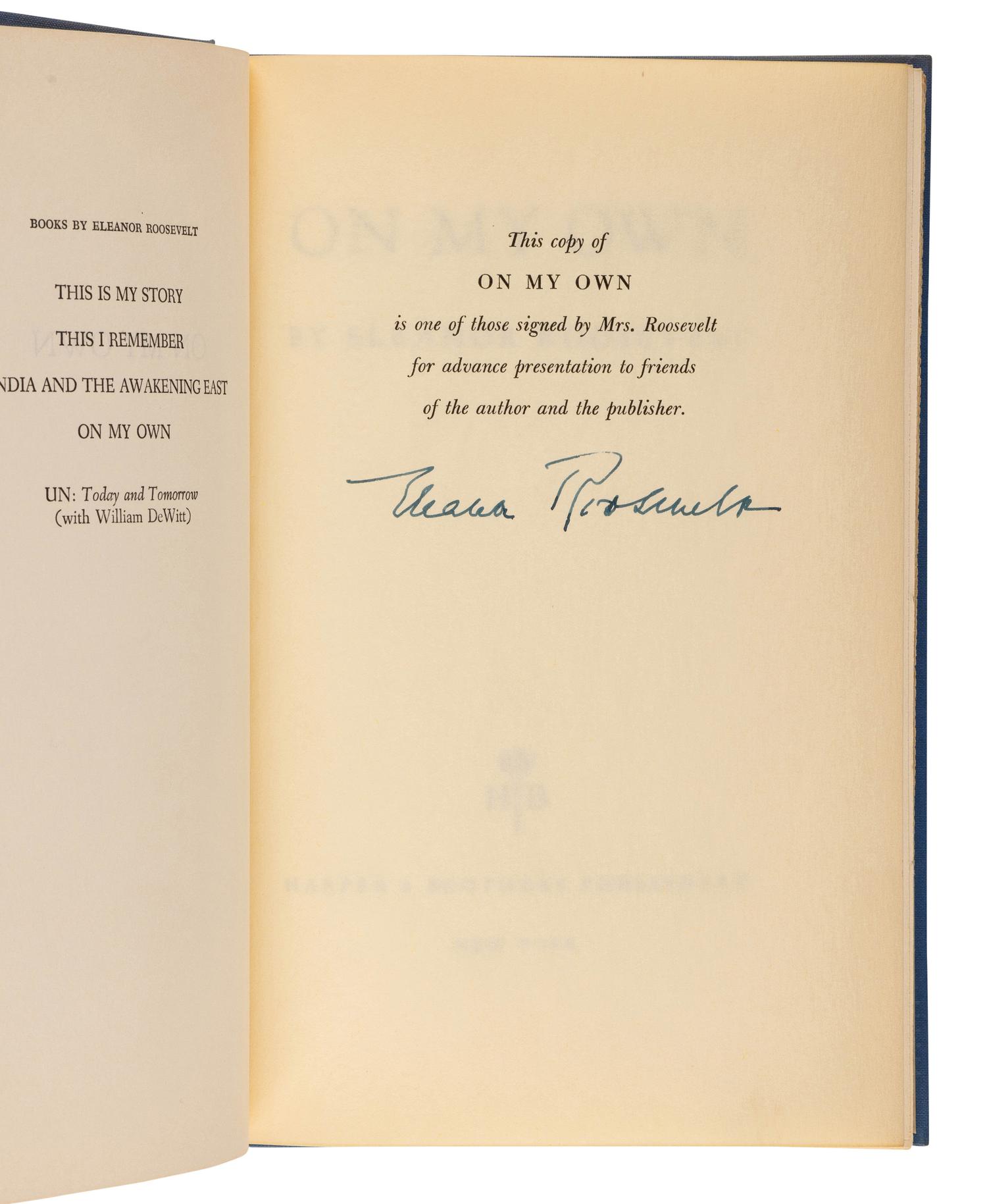 ROOSEVELT, Eleanor (1884-1962). A group of 7 memoirs, essays, and stories, several signed, including: