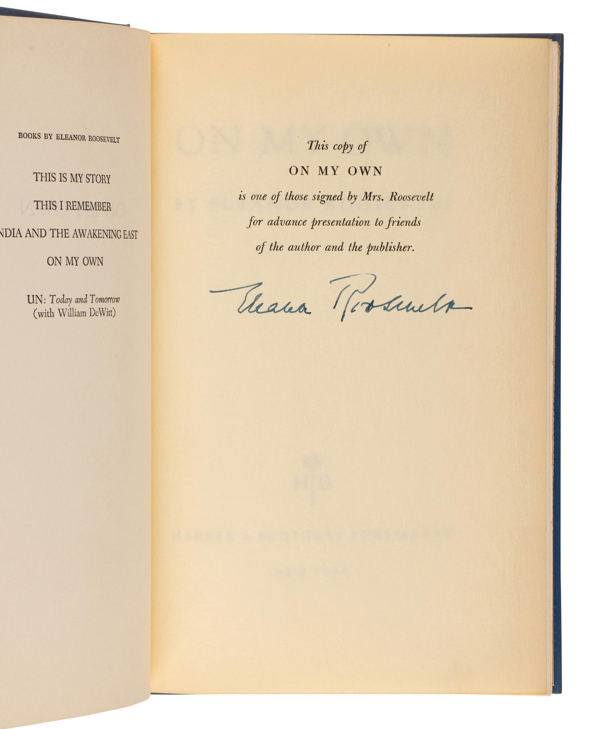 ROOSEVELT, Eleanor (1884-1962). A group of 7 memoirs, essays, and stories, several signed, including: