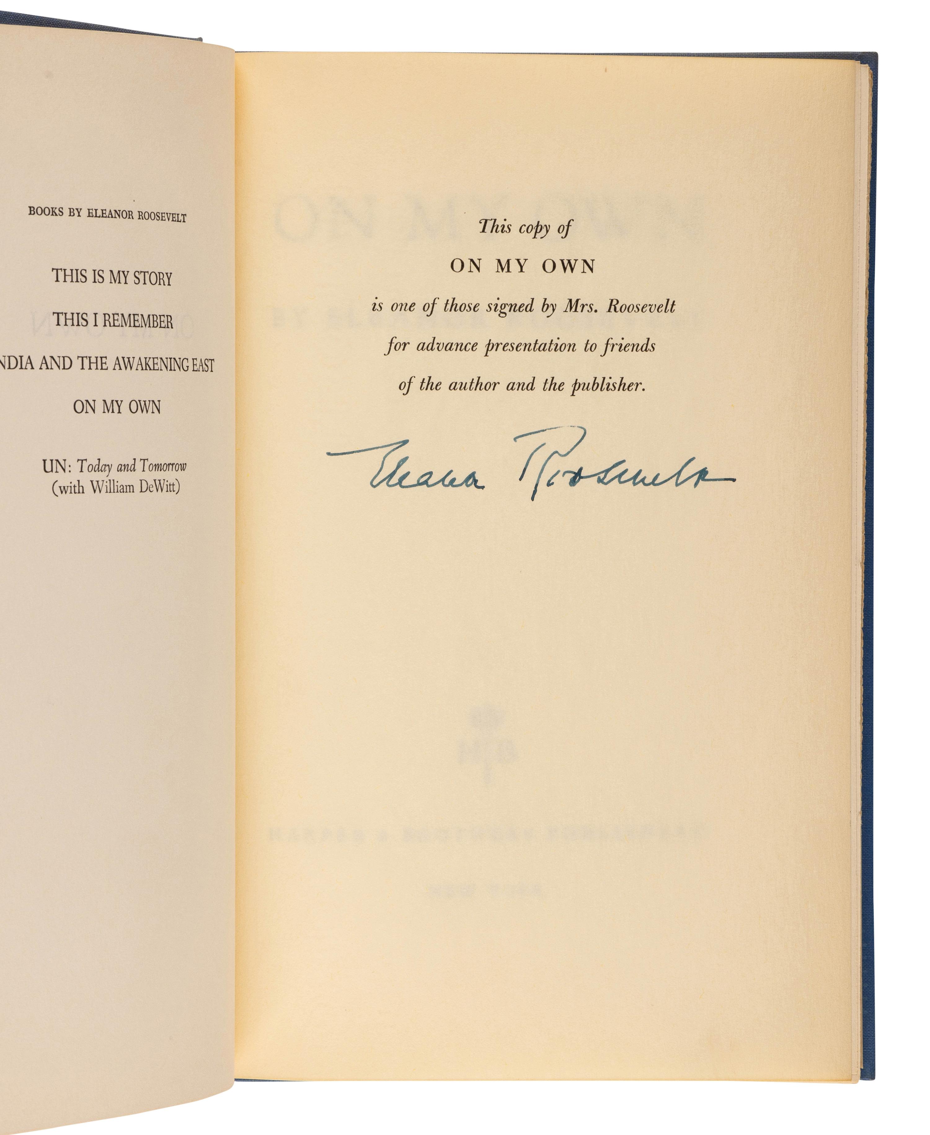 ROOSEVELT, Eleanor (1884-1962). A group of 7 memoirs, essays, and stories, several signed, including:
