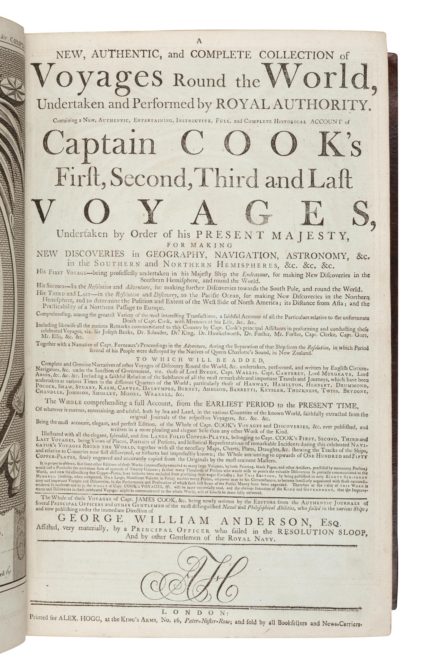 [TRAVEL & EXPLORATION]. [COOK, James, Captain (1728-1779)]. ANDERSON, George William. New, Authentic, and Complete Collection of Voyages Round the World .... London: for Alex Hogg, [1784-1786].