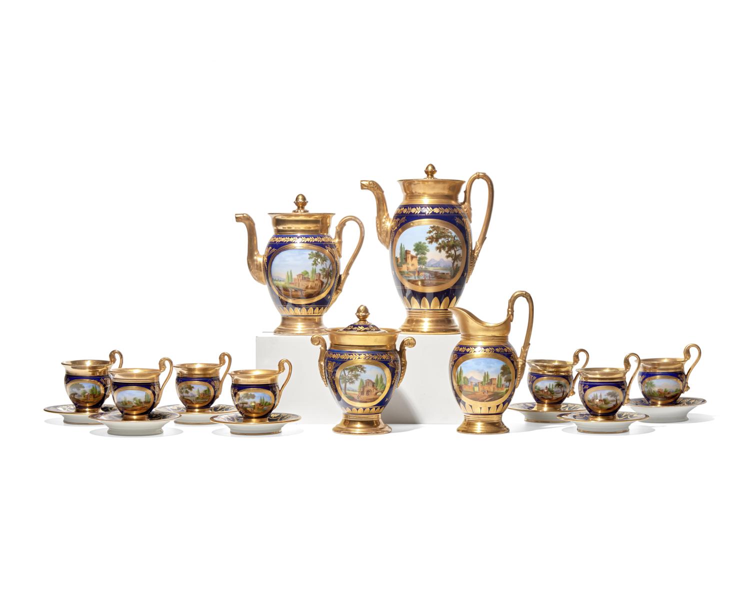 A Russian eighteen-piece enamel-decorated porcelain tea and coffee service, Popov Manufactory (1811-1875), circa 1825