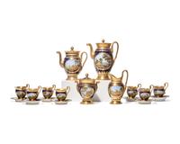 A Russian eighteen-piece enamel-decorated porcelain tea and coffee service, Popov Manufactory (1811-1875), circa 1825