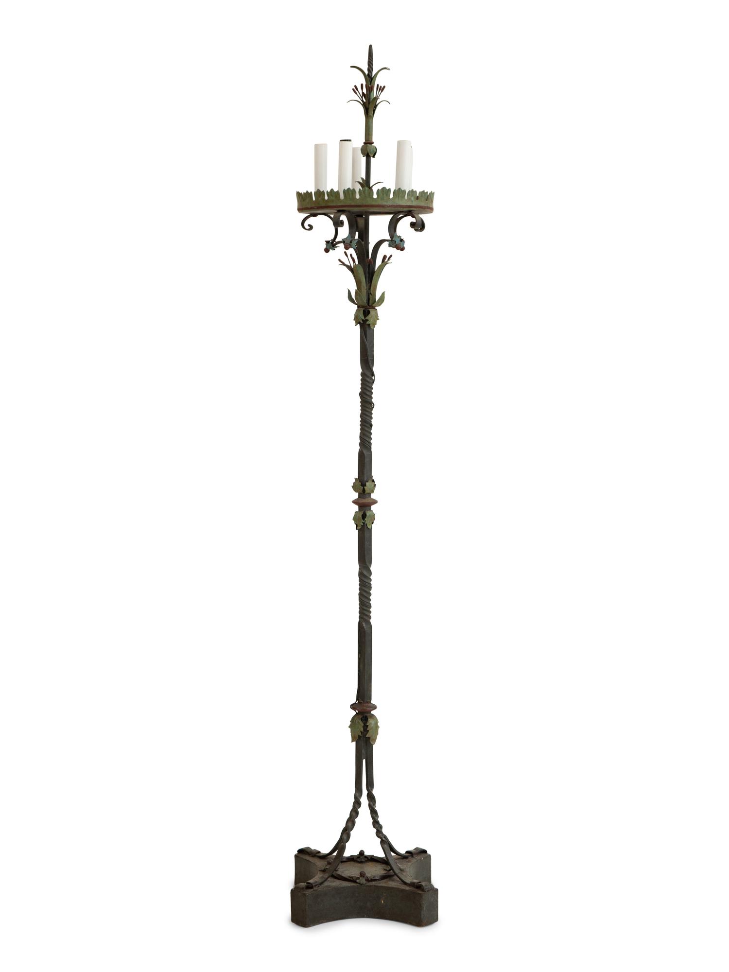 A Mizner Style Painted Tole and Wrought Iron Five-Light Torchère