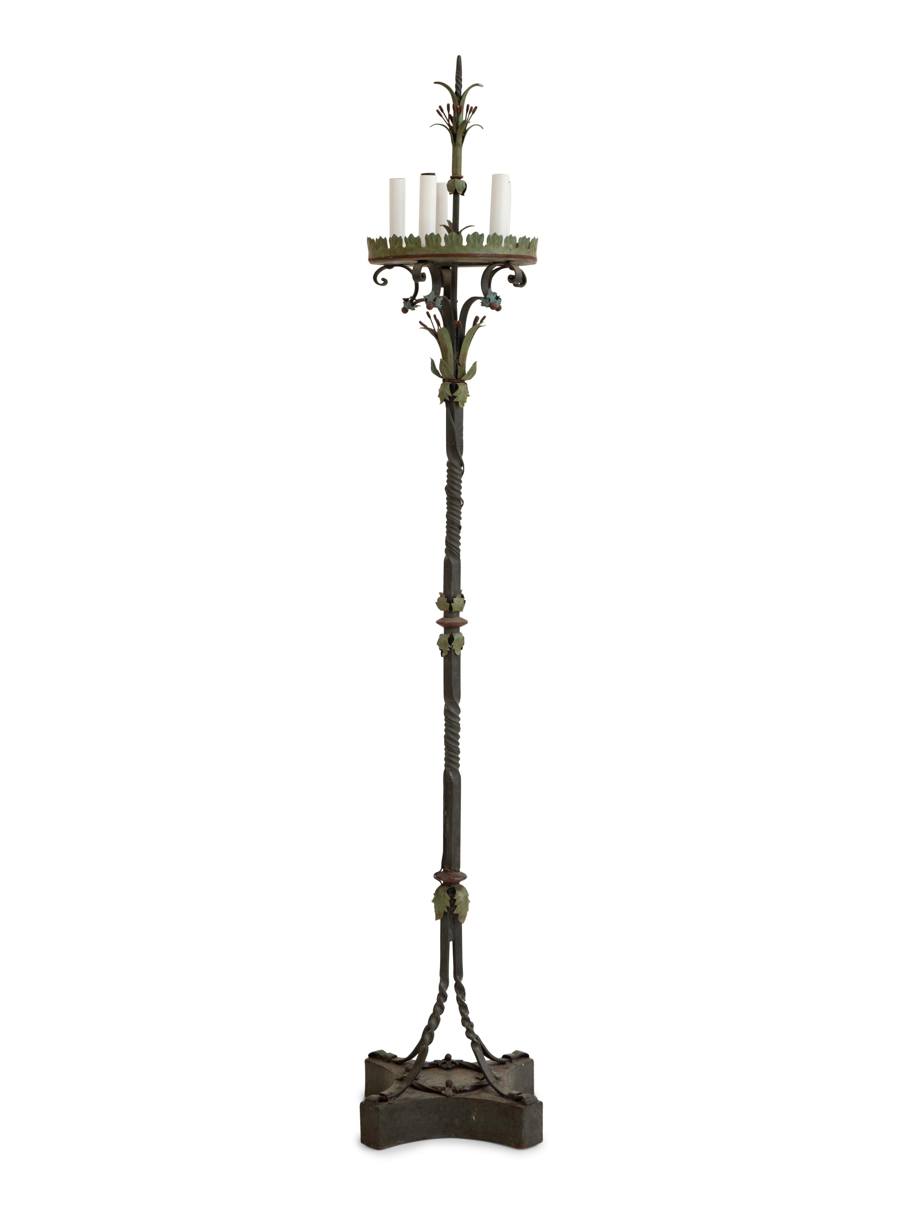 A Mizner Style Painted Tole and Wrought Iron Five-Light Torchère