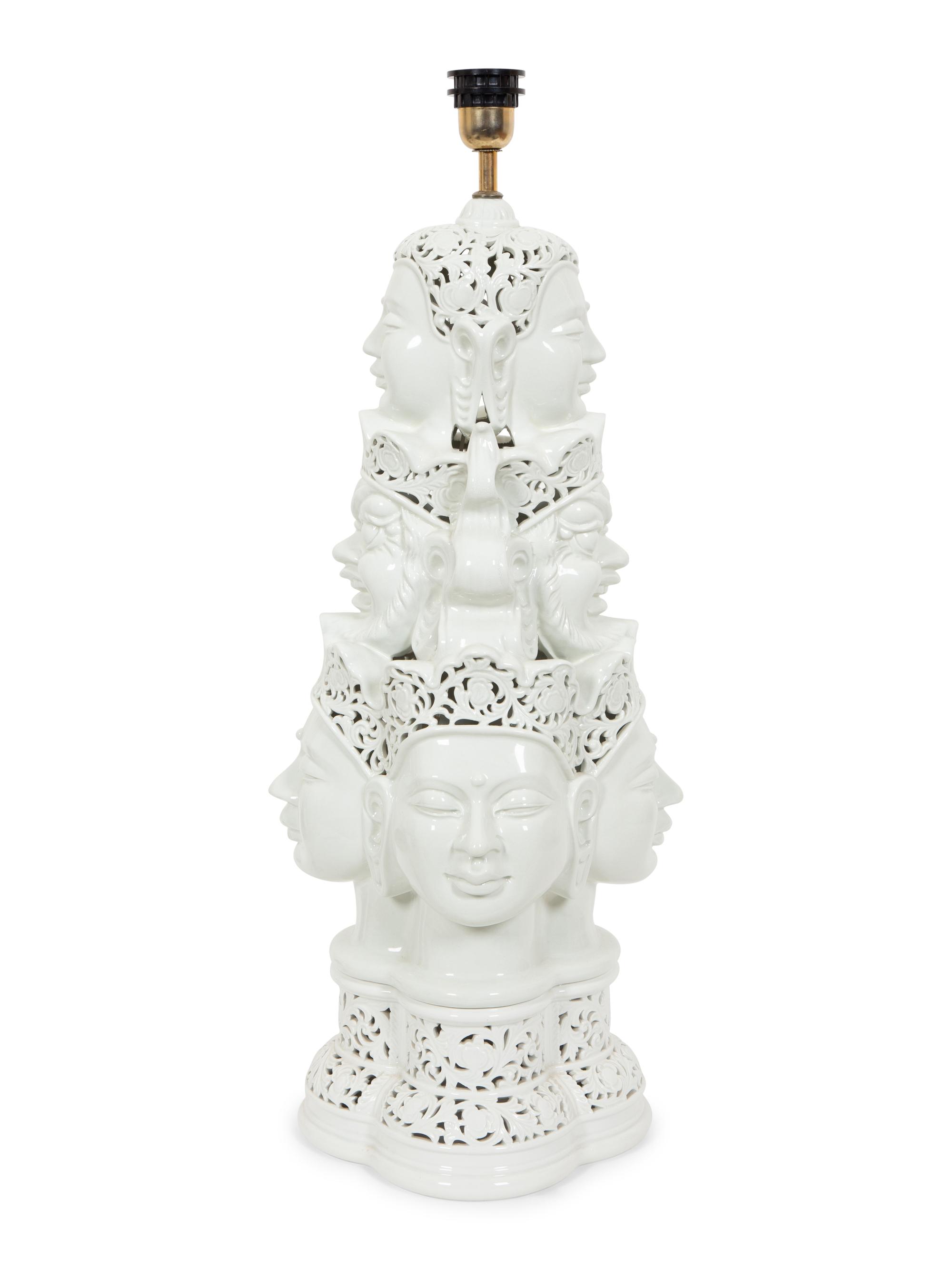 A Contemporary Blanc de Chine Porcelain Table Lamp with Mulit-Face Design