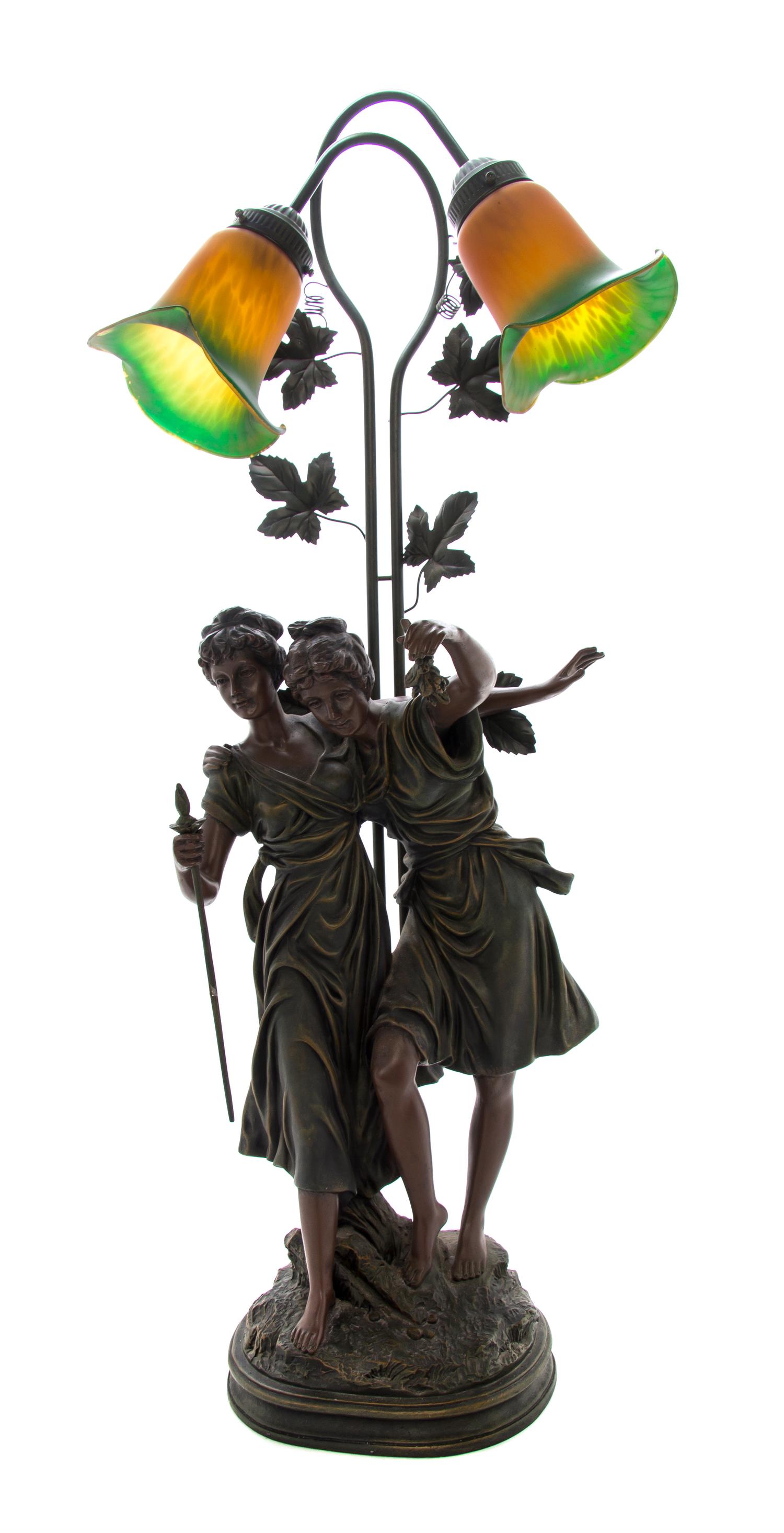 An Art Nouveau Carved Wood Newel Post Lamp, Height overall 37 inches.