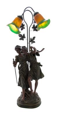 An Art Nouveau Carved Wood Newel Post Lamp, Height overall 37 inches.