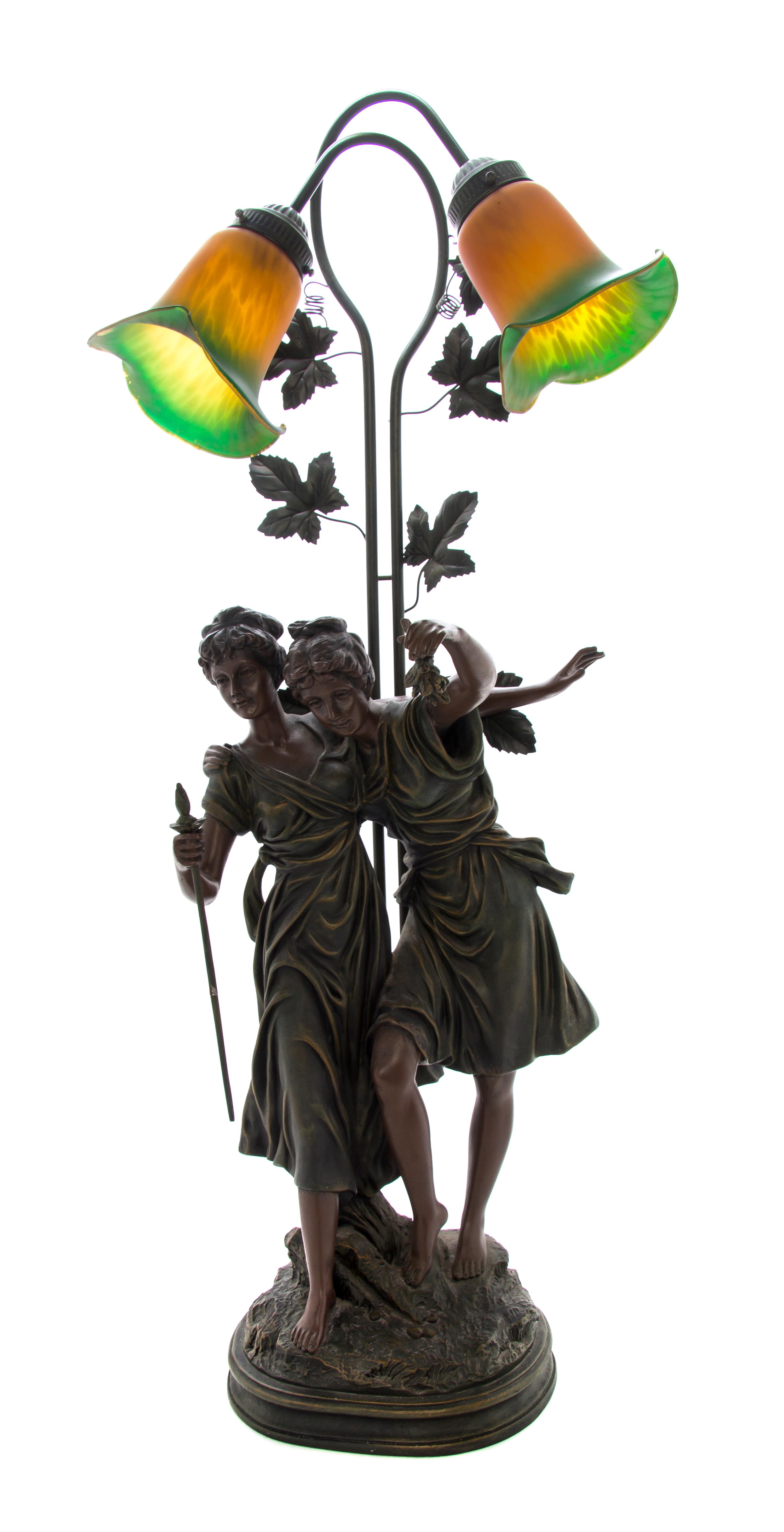 An Art Nouveau Carved Wood Newel Post Lamp, Height overall 37 inches.