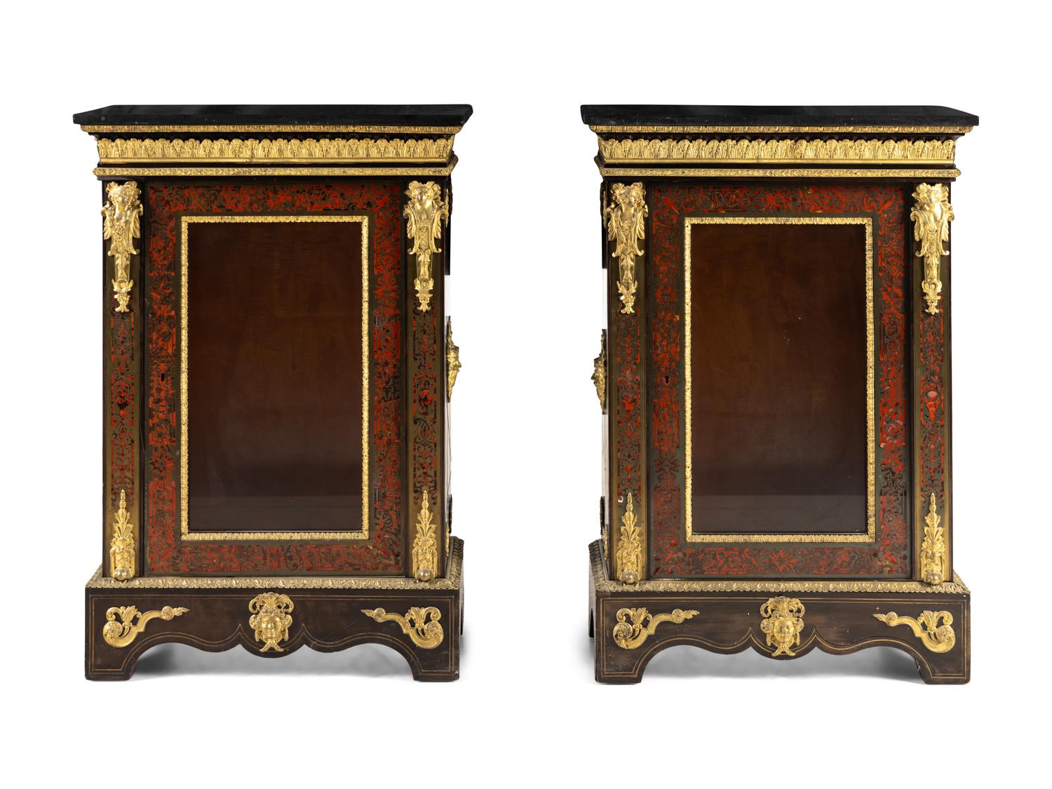 A Pair of French Gilt Bronze Mounted Boulle Marquetry Marble-Top Cabinets