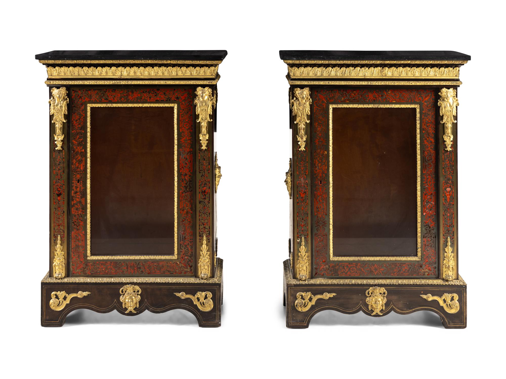 A Pair of French Gilt Bronze Mounted Boulle Marquetry Marble-Top Cabinets
