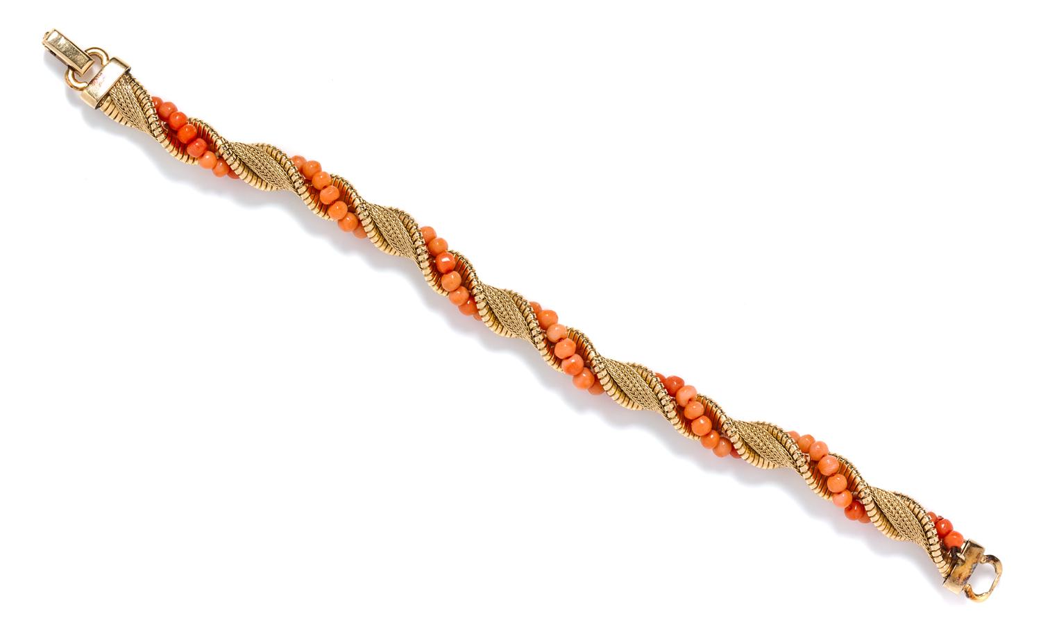 A Yellow Gold and Coral Bracelet, 16.60 dwts.