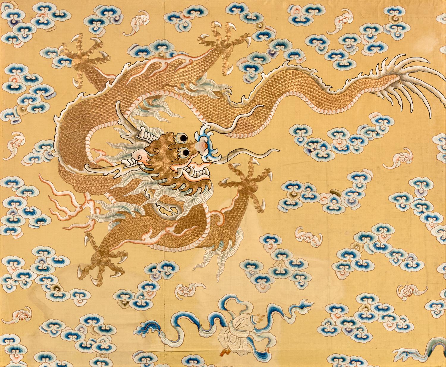 A Large Pair of Yellow Ground Gold Thread 'Dragon' Embroidery Silk Panels