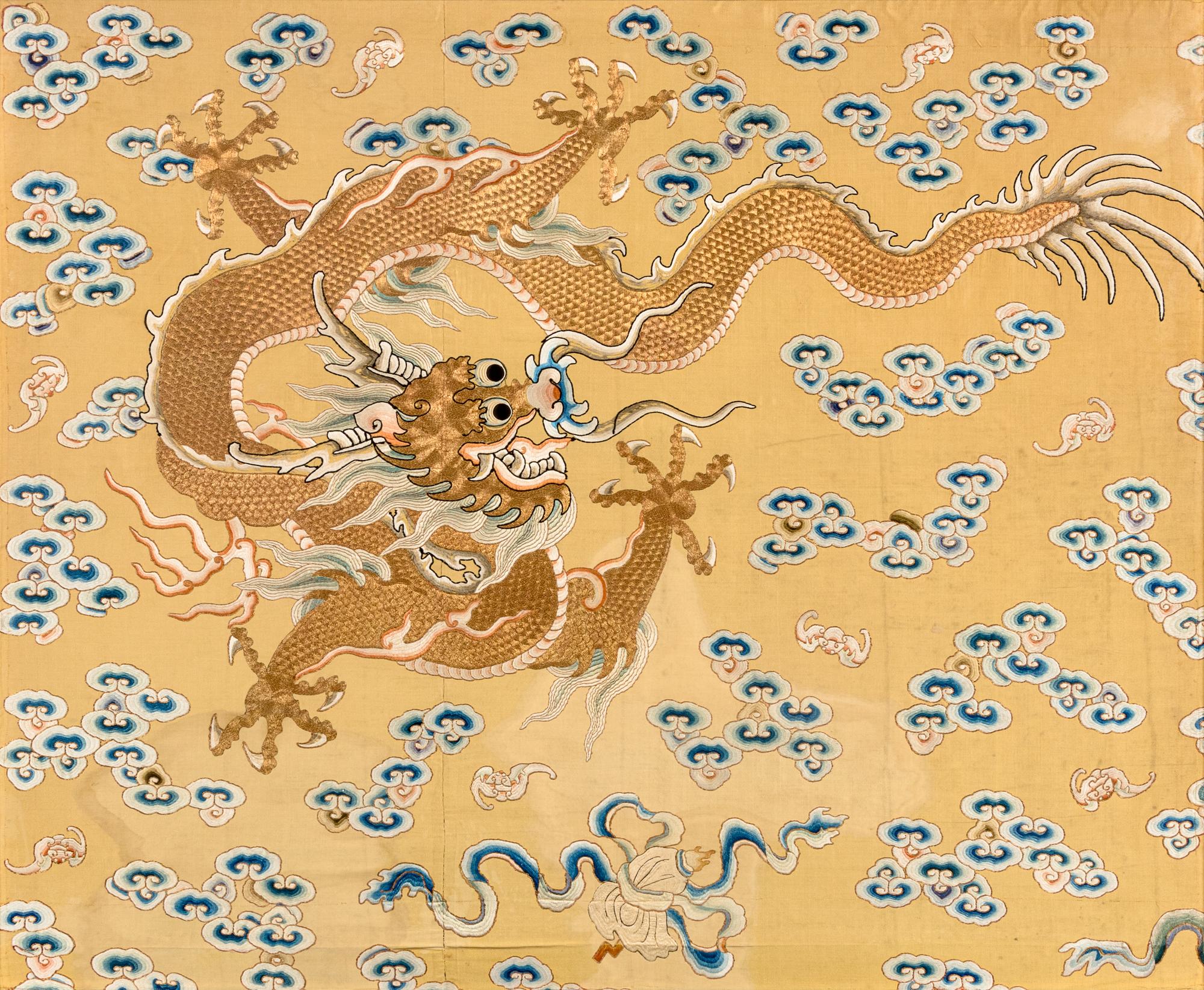 A Large Pair of Yellow Ground Gold Thread 'Dragon' Embroidery Silk Panels