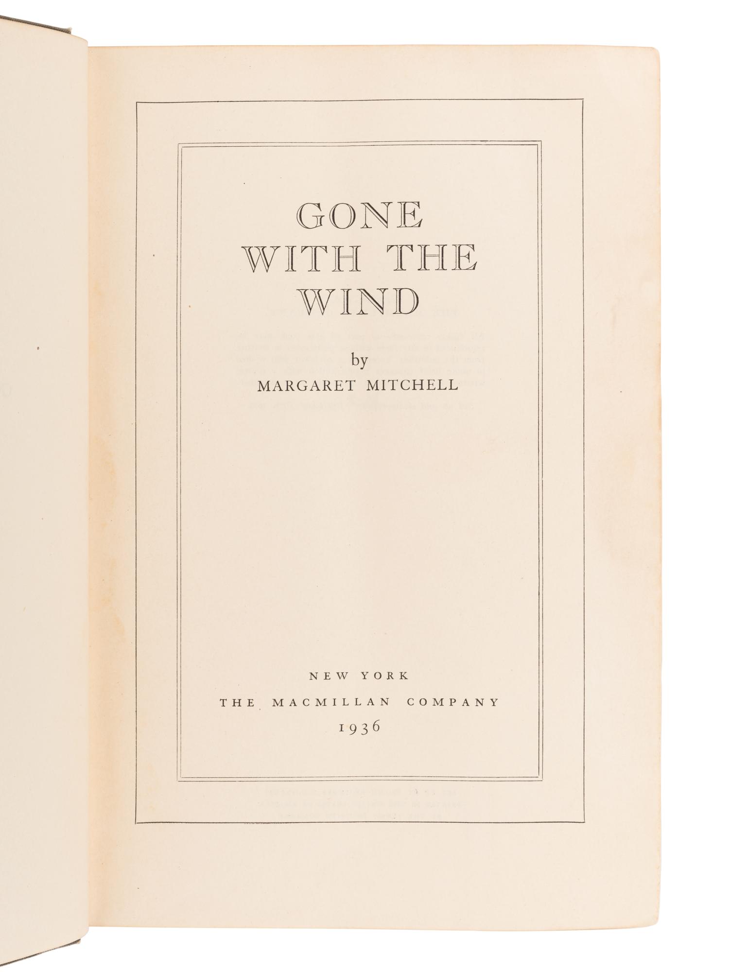 MITCHELL, Margaret (1900-1949). Gone with the Wind. New York: The Macmillan Company, 1936.