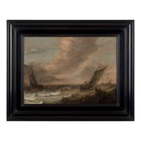 Pieter Mulier the Elder (Dutch, 1615-1670) — Dutch Fishing and Trade Vessels in Choppy Waters, A Town Beyond