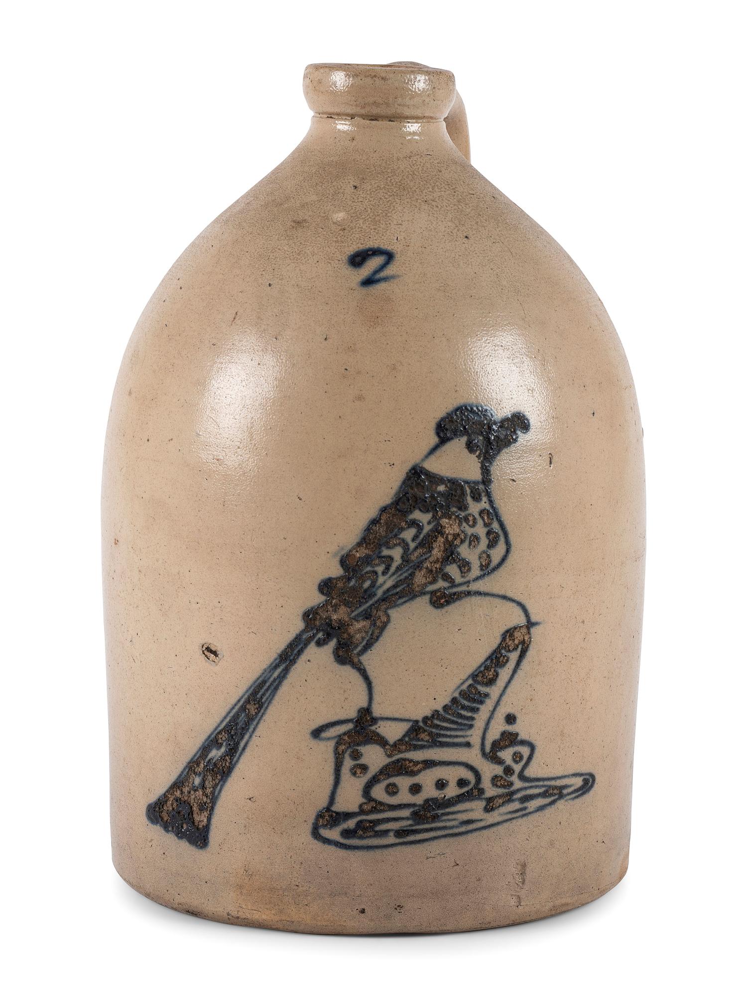 A Cobalt Decorated Two Gallon Spotted Bird Stoneware Jug