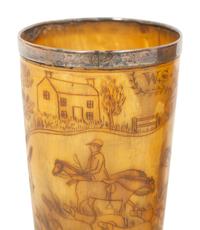 A Pair of Silver Mounted Horn Cups with Engraved Hunt Scenes