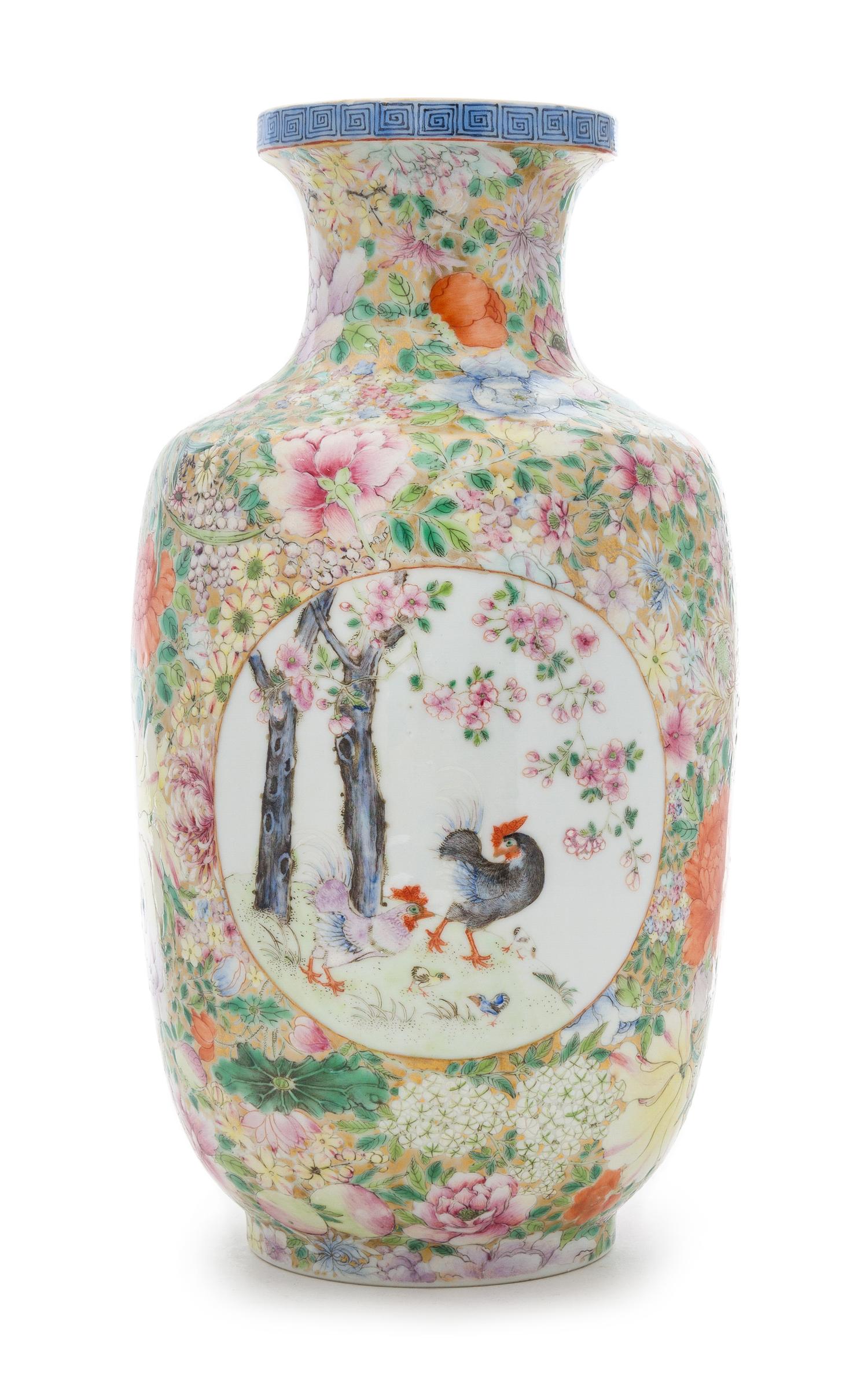 A Famille Rose "Millefleurs" Porcelain Vase Height 12 1/2 inches.