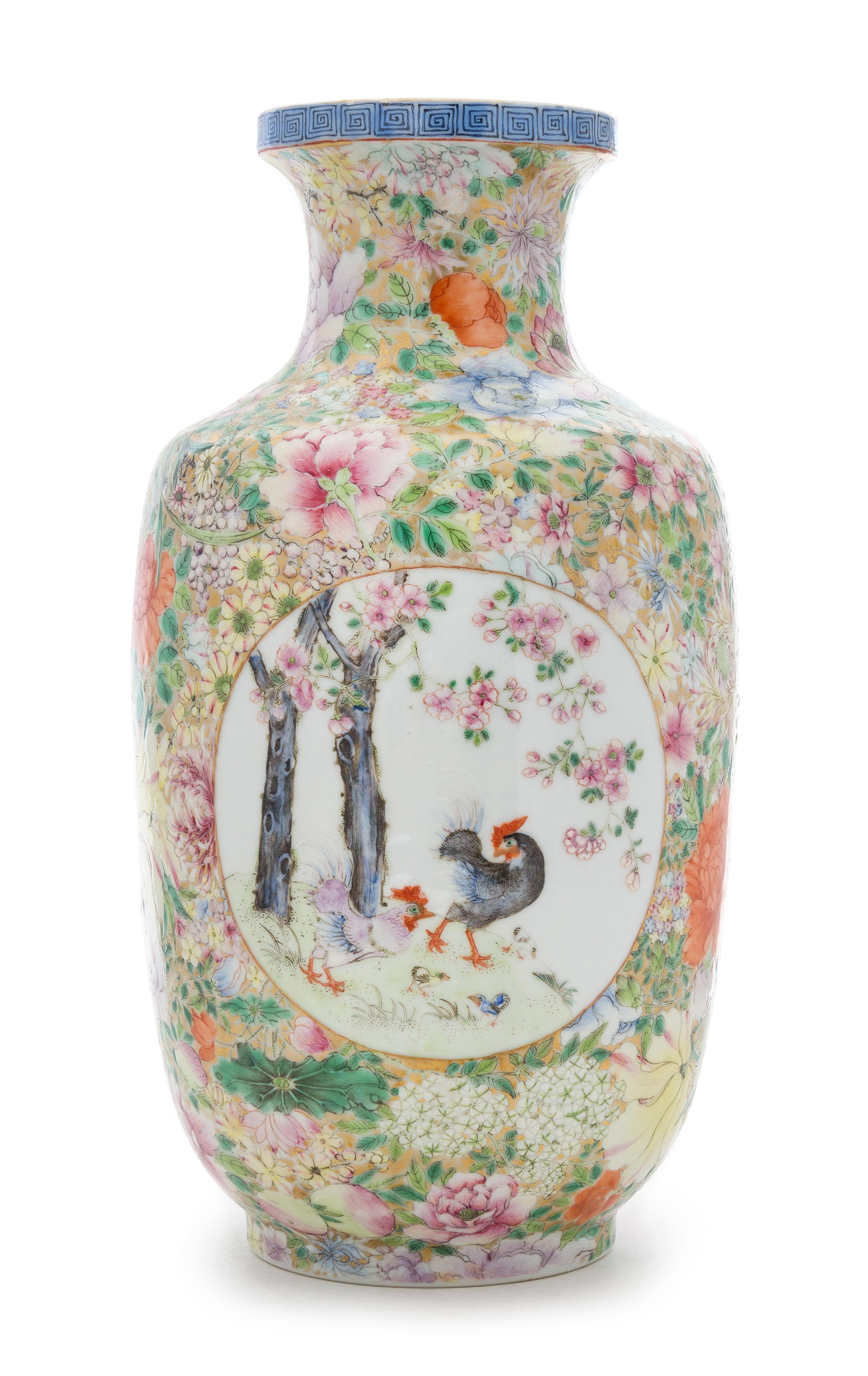 A Famille Rose "Millefleurs" Porcelain Vase Height 12 1/2 inches.