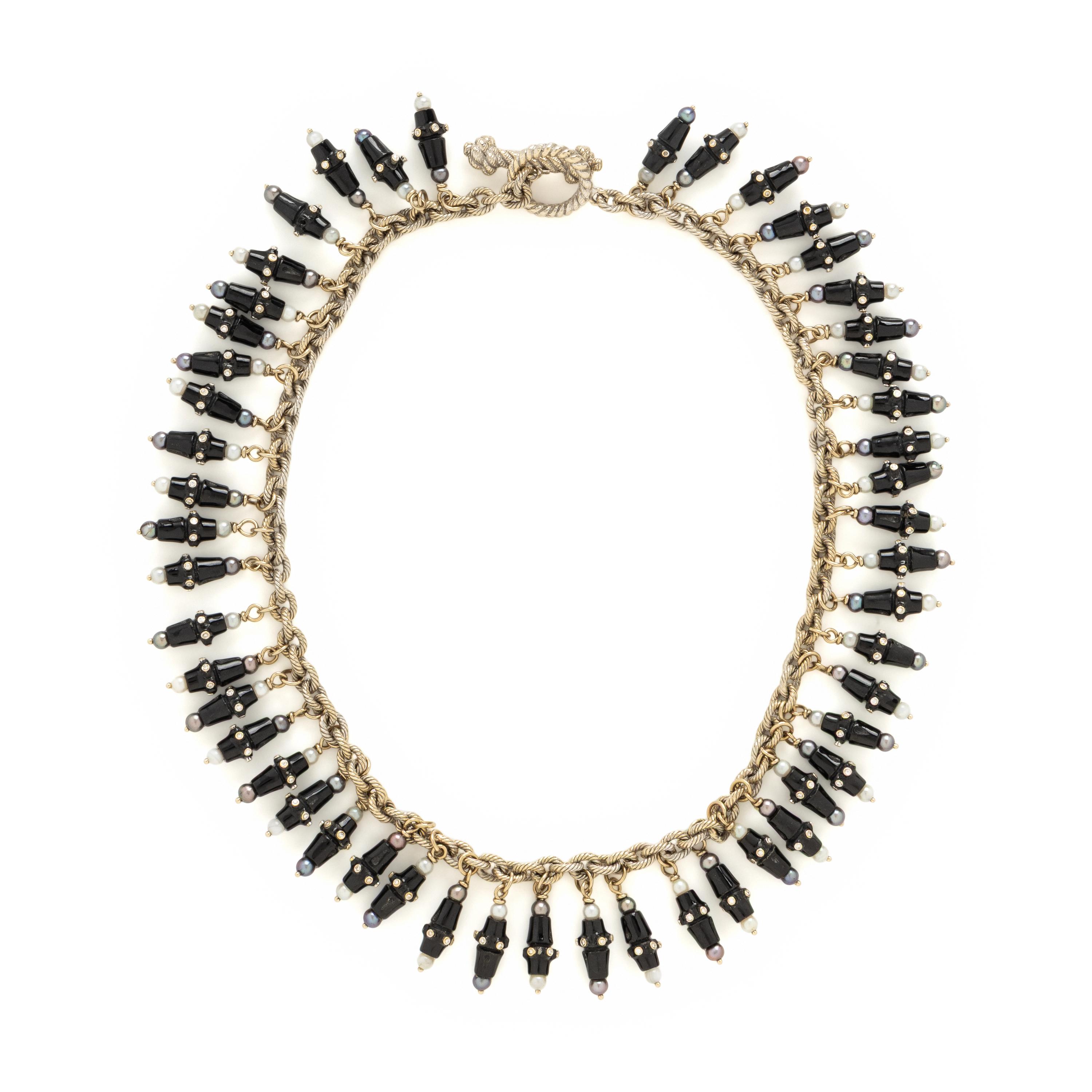 Mish, White Gold, Onyx, Diamond, and Cultured Pearl Necklace