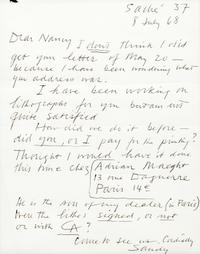CALDER, ALEXANDER "SANDY". ALS ("Sandy Calder"), 1pg, Sache 37, July 8, 1968. To "Nancy" regarding litho. production.