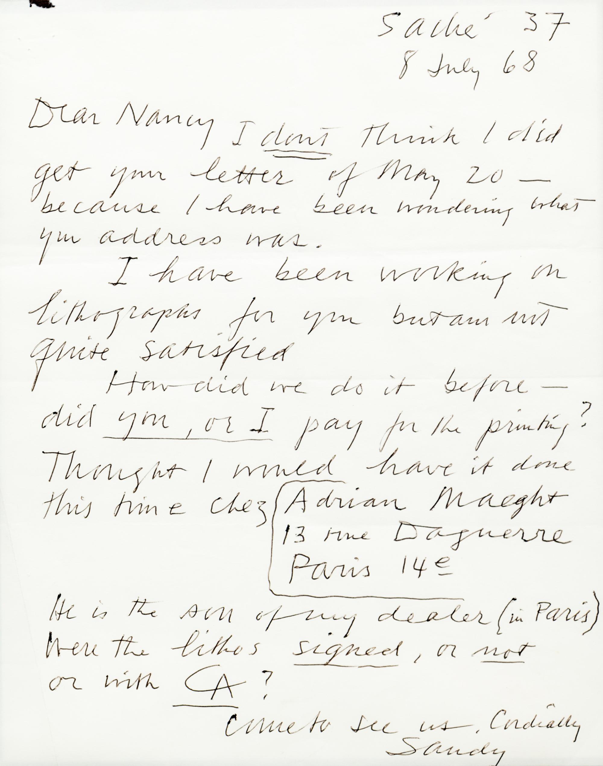 CALDER, ALEXANDER "SANDY". ALS ("Sandy Calder"), 1pg, Sache 37, July 8, 1968. To "Nancy" regarding litho. production.