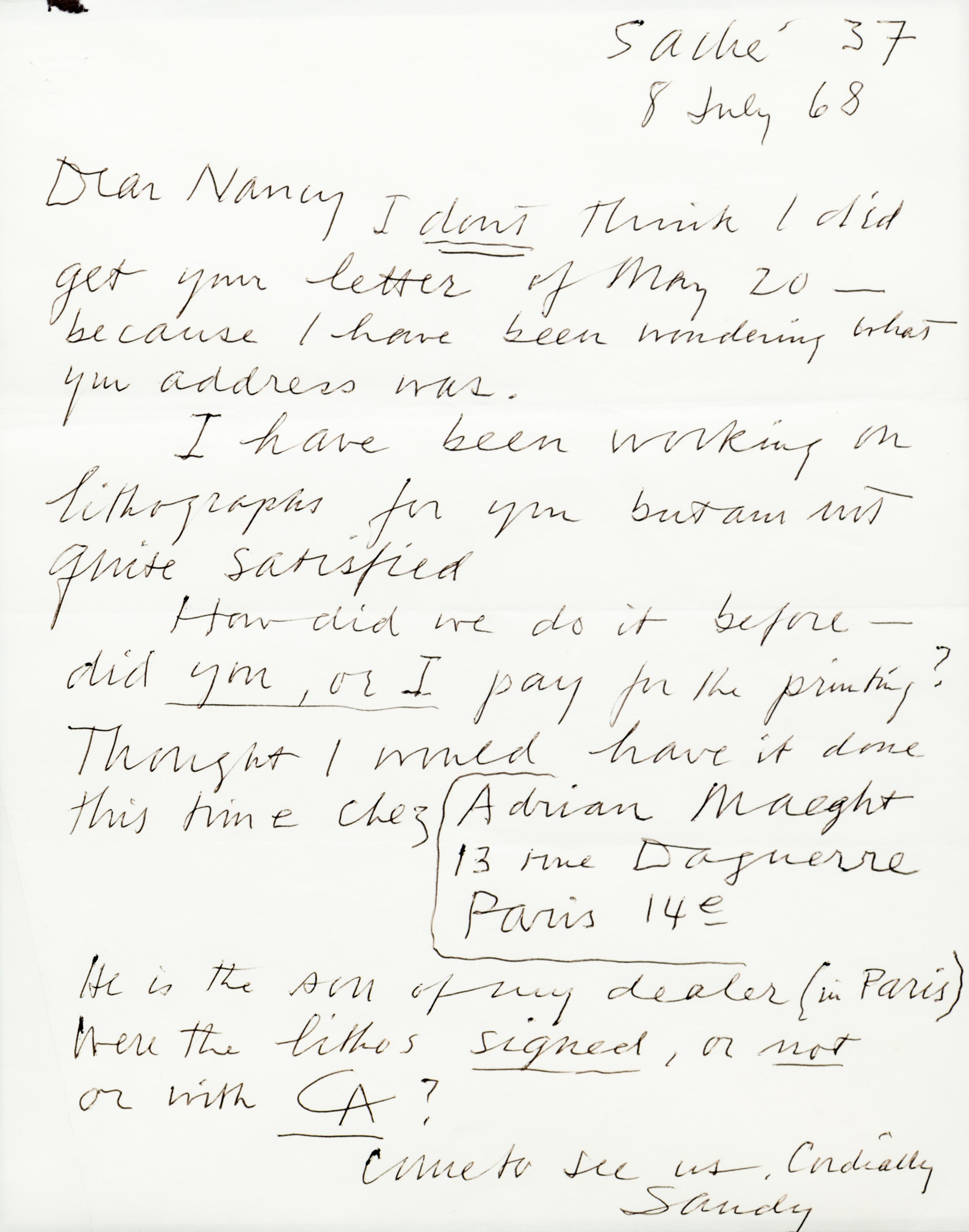 CALDER, ALEXANDER "SANDY". ALS ("Sandy Calder"), 1pg, Sache 37, July 8, 1968. To "Nancy" regarding litho. production.