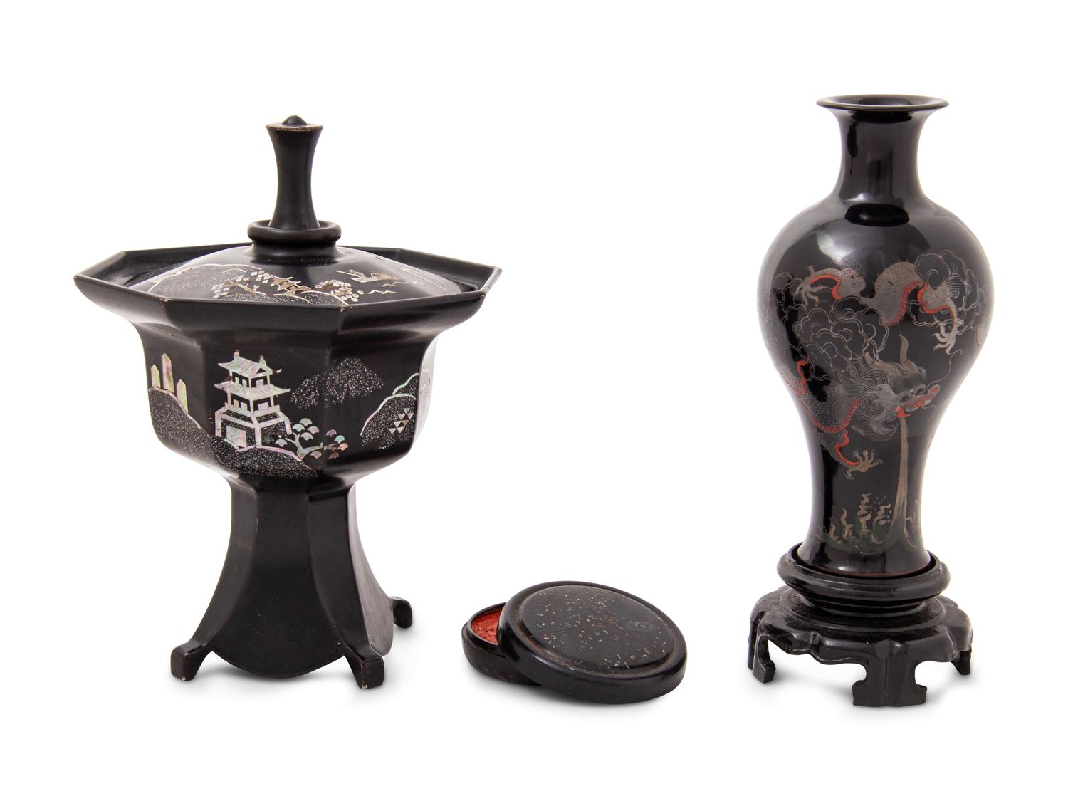 Three Chinese Mother-of-Pearl Inlaid Black Lacquered Wares
