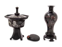 Three Chinese Mother-of-Pearl Inlaid Black Lacquered Wares