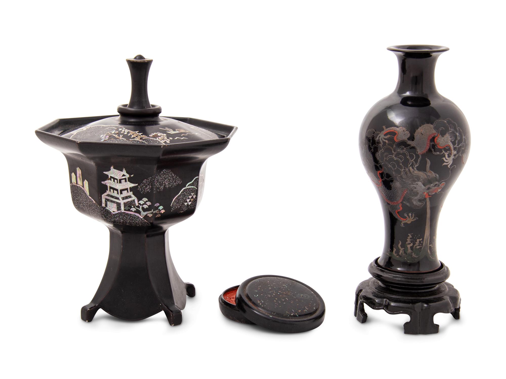 Three Chinese Mother-of-Pearl Inlaid Black Lacquered Wares