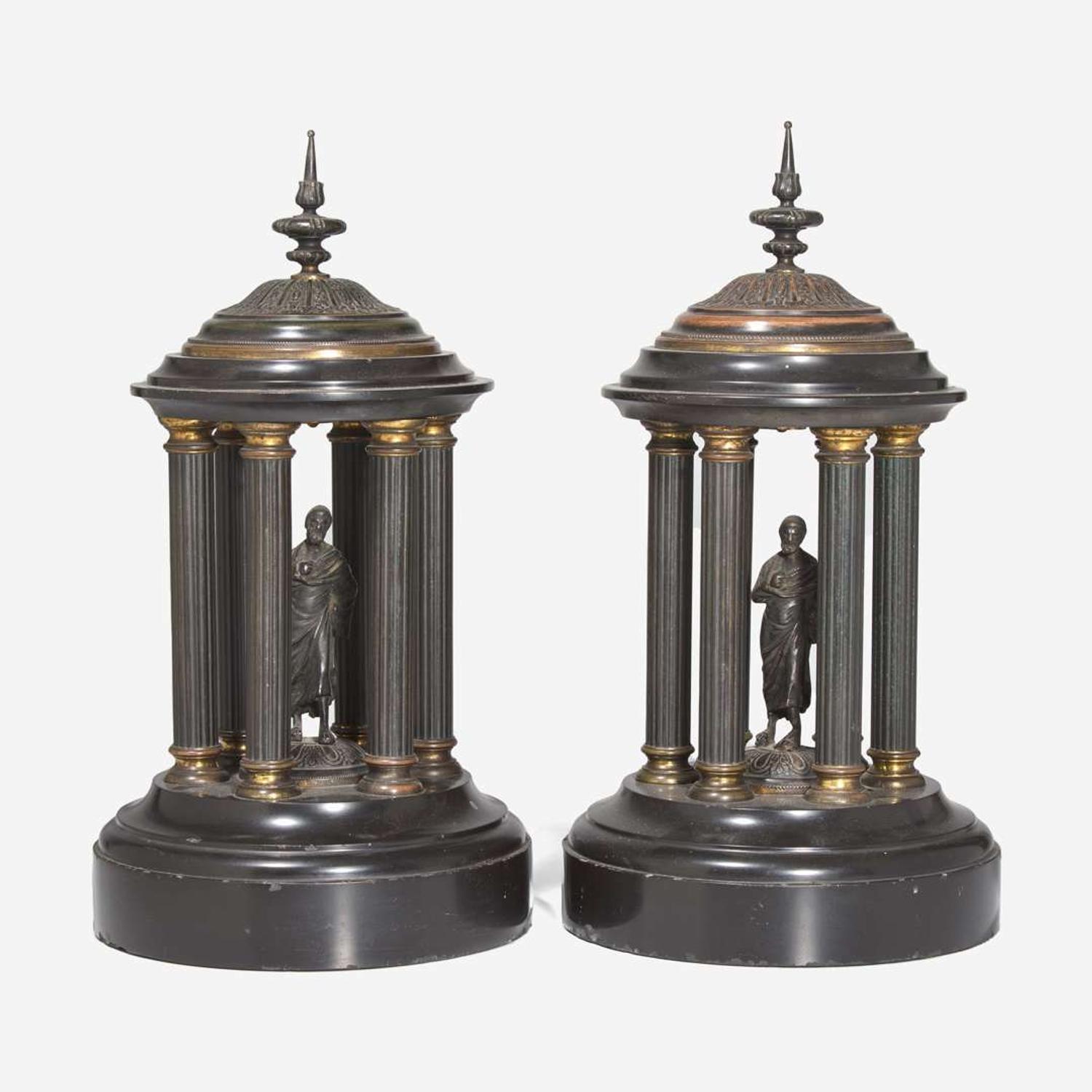 A pair of Grand Tour patinated bronze and marble tempietto late 19th century