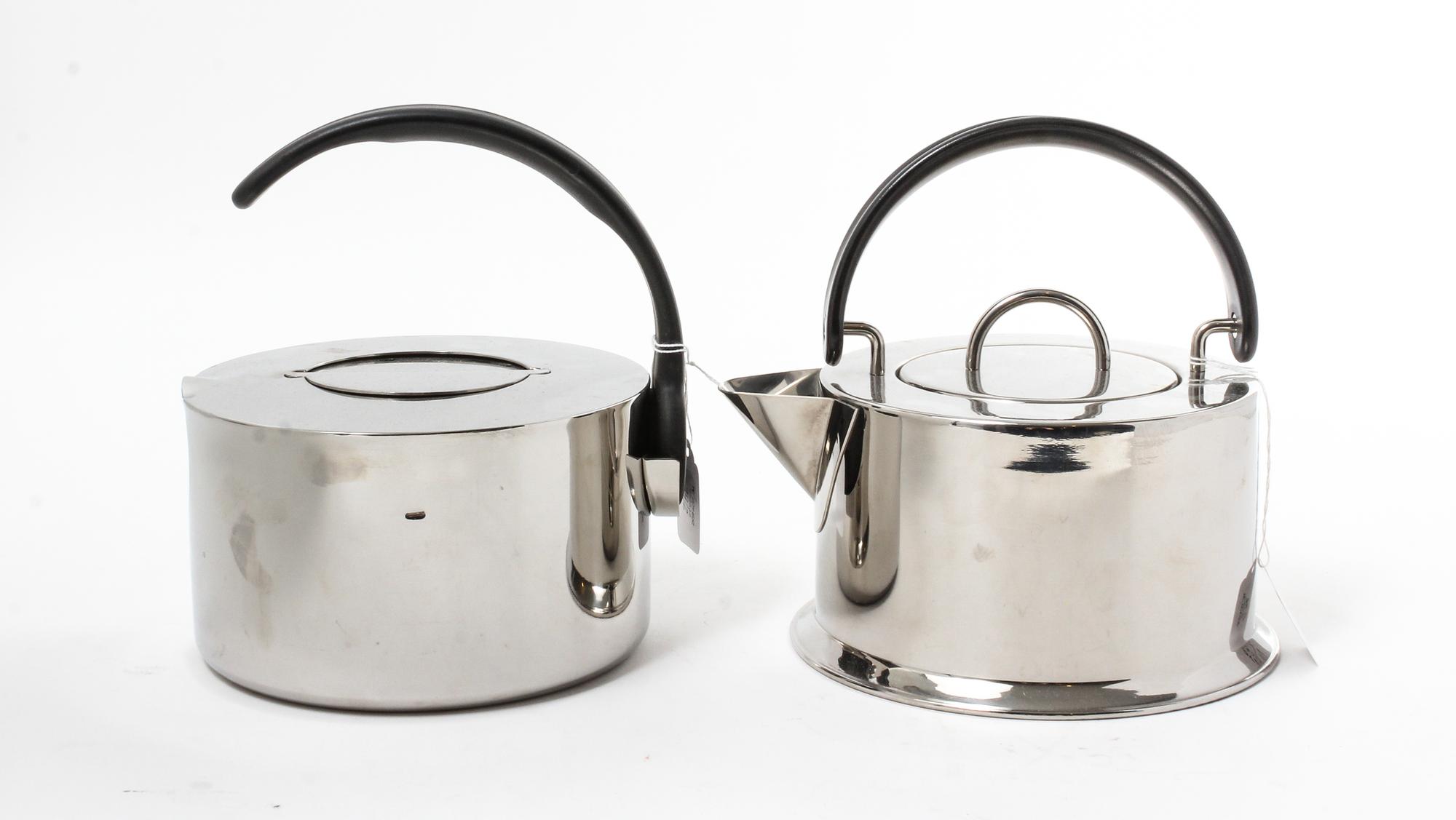 Two Stainless Steel Kettles Height of taller example 8 1/4 x width 8 1/8 inches. — VARIOUS MAKERS
