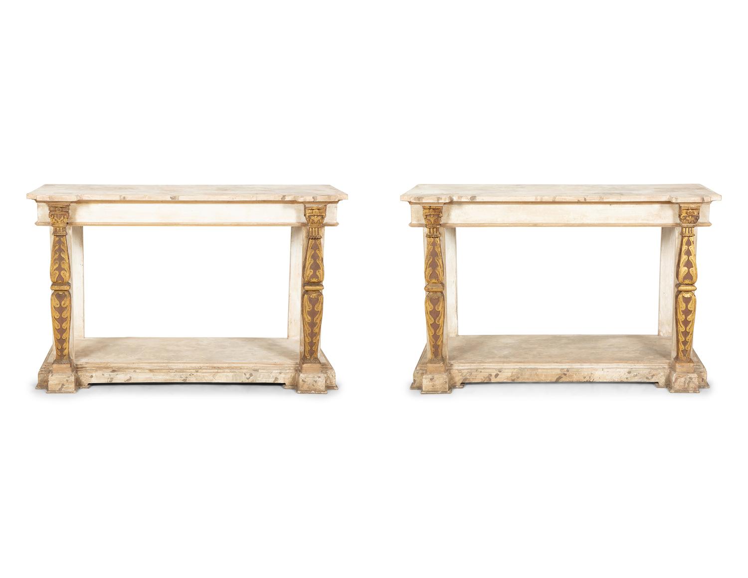 A Pair of French Neoclassical Painted and Parcel Gilt Pier Tables
