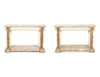 A Pair of French Neoclassical Painted and Parcel Gilt Pier Tables