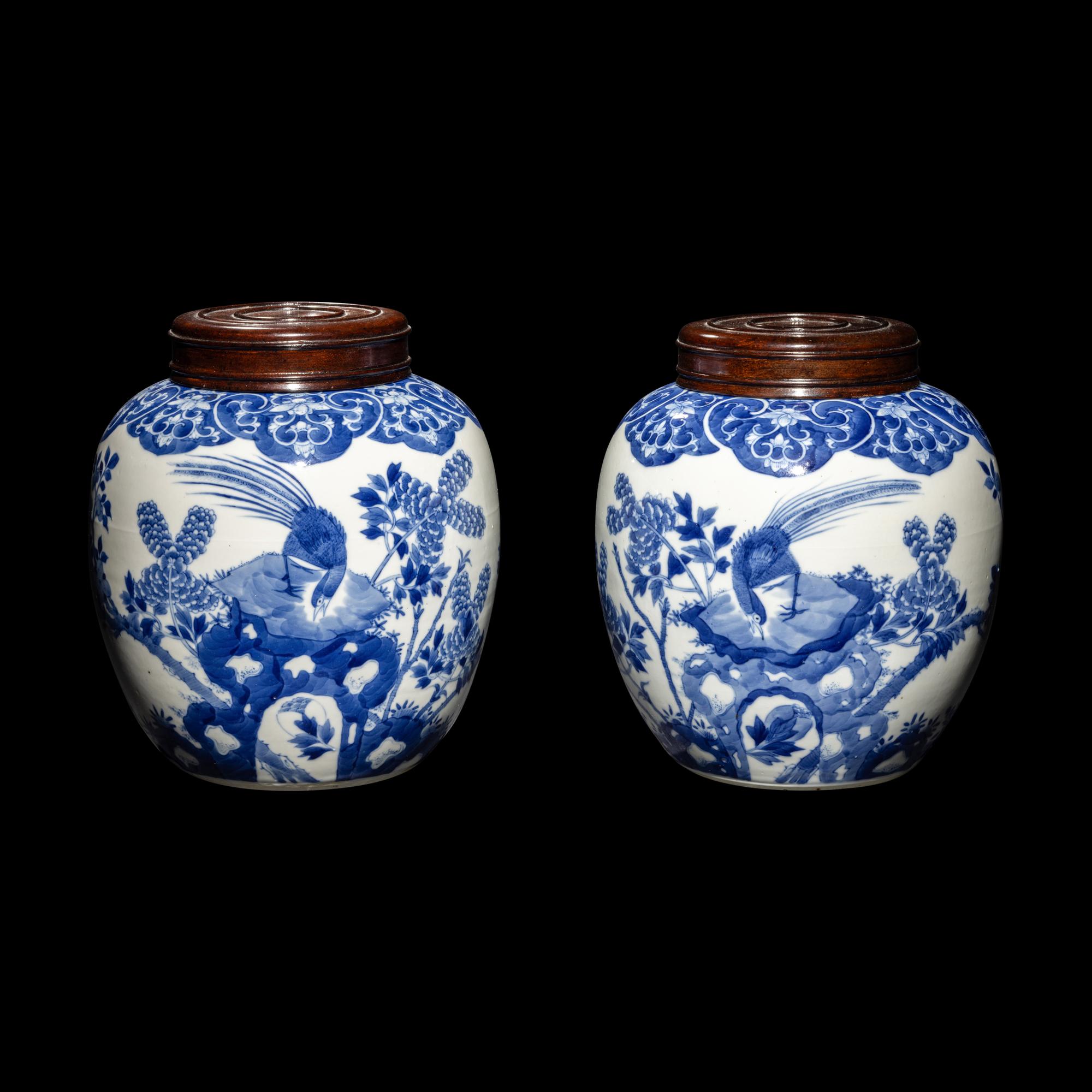 A Pair of Chinese Blue and White Porcelain 'Peonies and Pheasant' Ginger Jars, Guangxu Period 清光緒 青花牡丹錦鷄圖蓋罐一對
