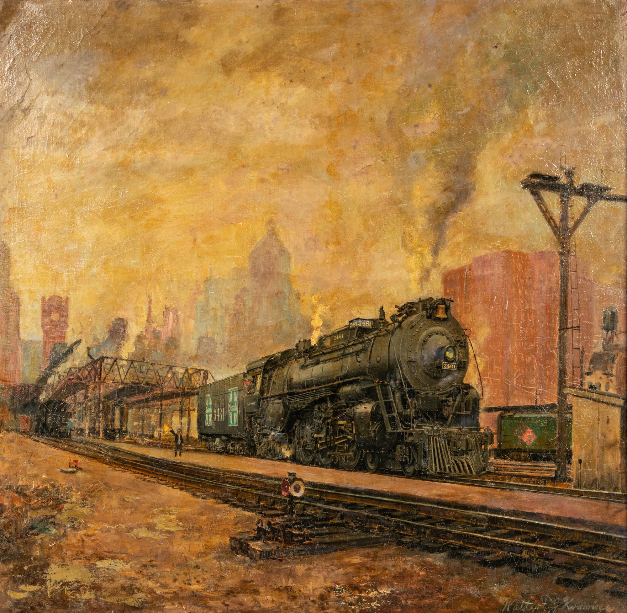 Locomotive in Train Yard with City in Distance