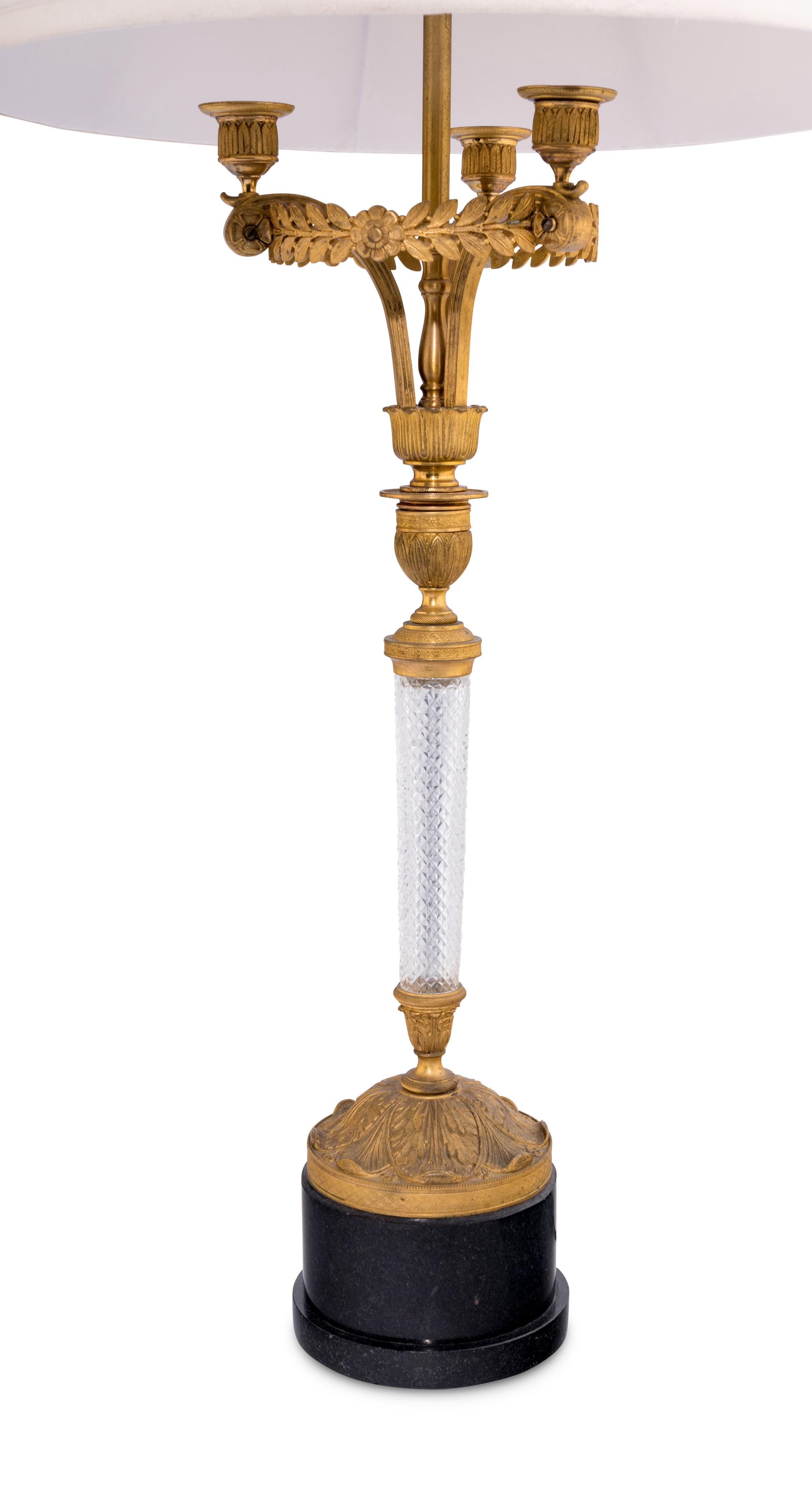 A Pair of Empire Style Gilt Bronze and Cut Glass Lamps