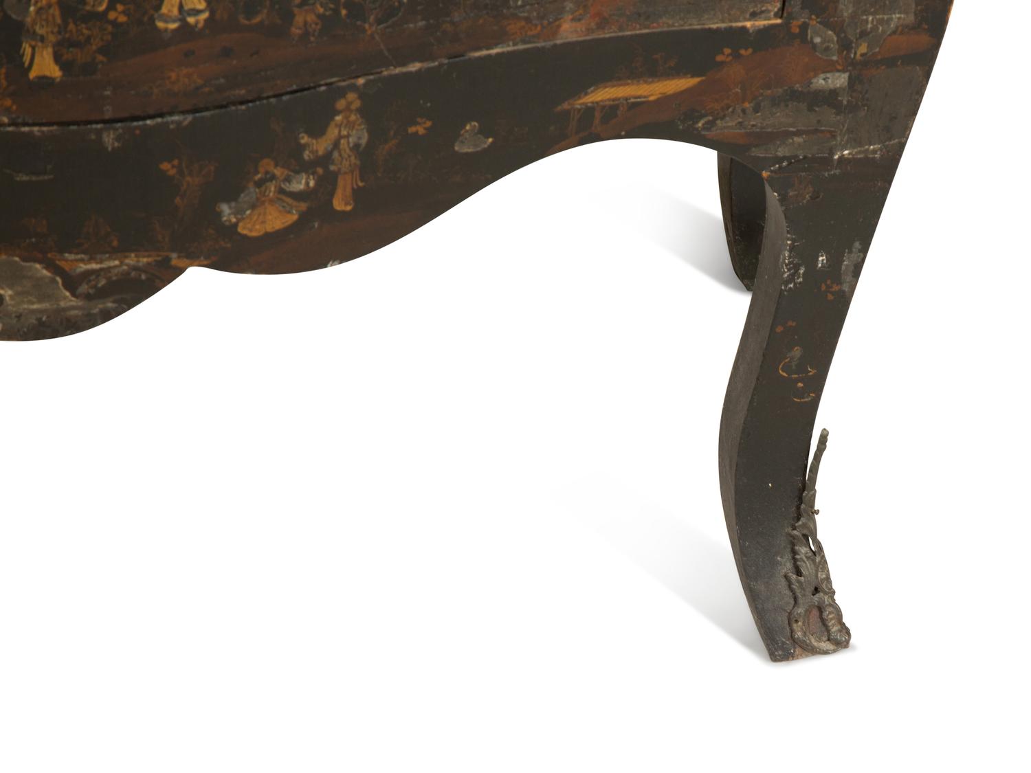 A Louis XV Black and Gilt Japanned Bombé Commode
