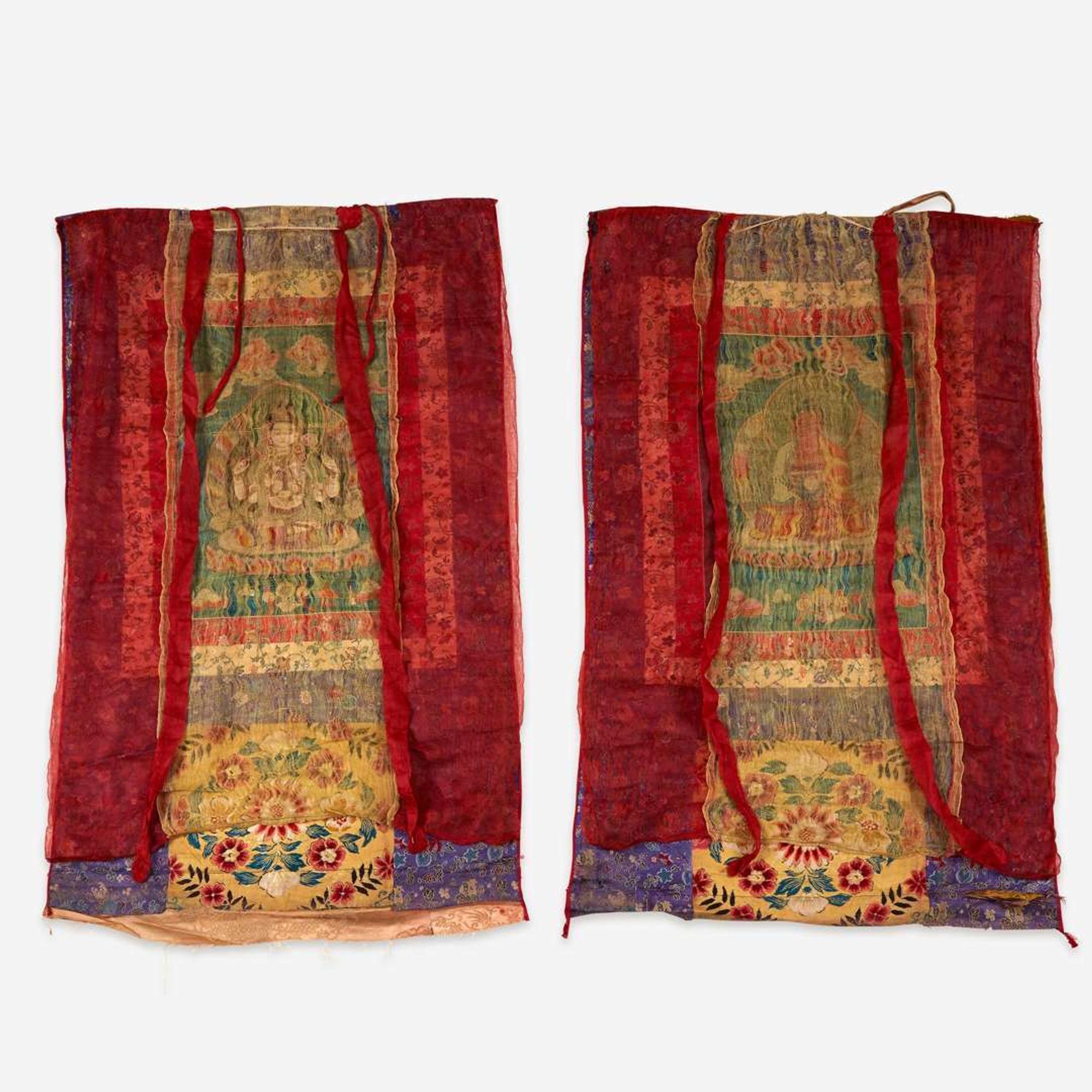 A pair of Tibetan or Nepalese needlework and appliqued silk thanka 西藏或尼泊尔唐卡两幅