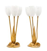 A Pair of French Art Deco Gilt Bronze and Alabaster Floriform Table Lamps, Albert Cheuret Height 15 inches.