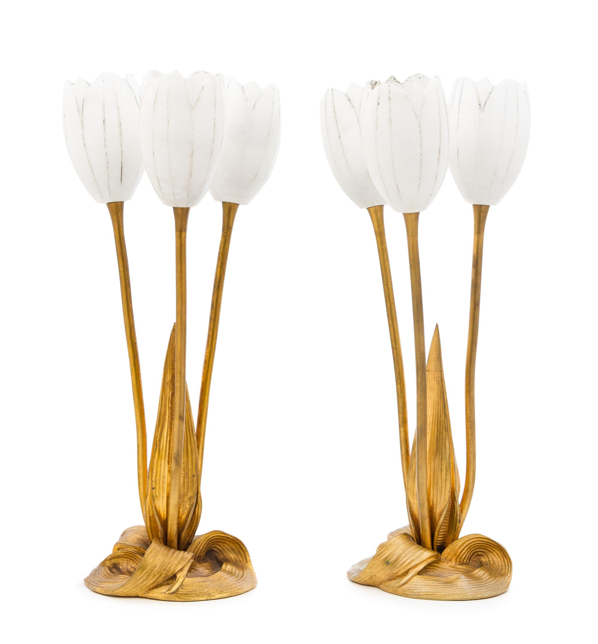 A Pair of French Art Deco Gilt Bronze and Alabaster Floriform Table Lamps, Albert Cheuret Height 15 inches.