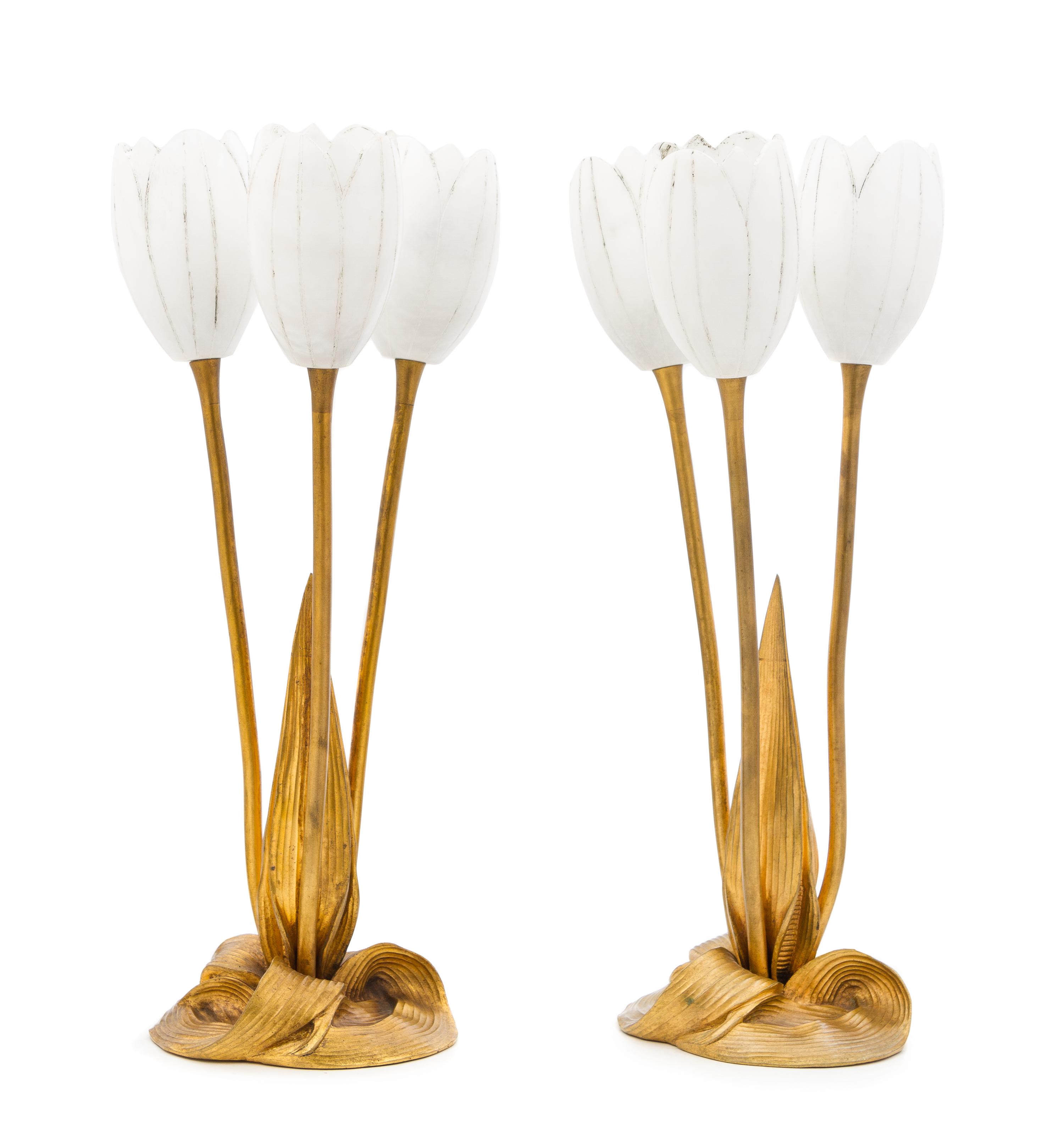 A Pair of French Art Deco Gilt Bronze and Alabaster Floriform Table Lamps, Albert Cheuret Height 15 inches.