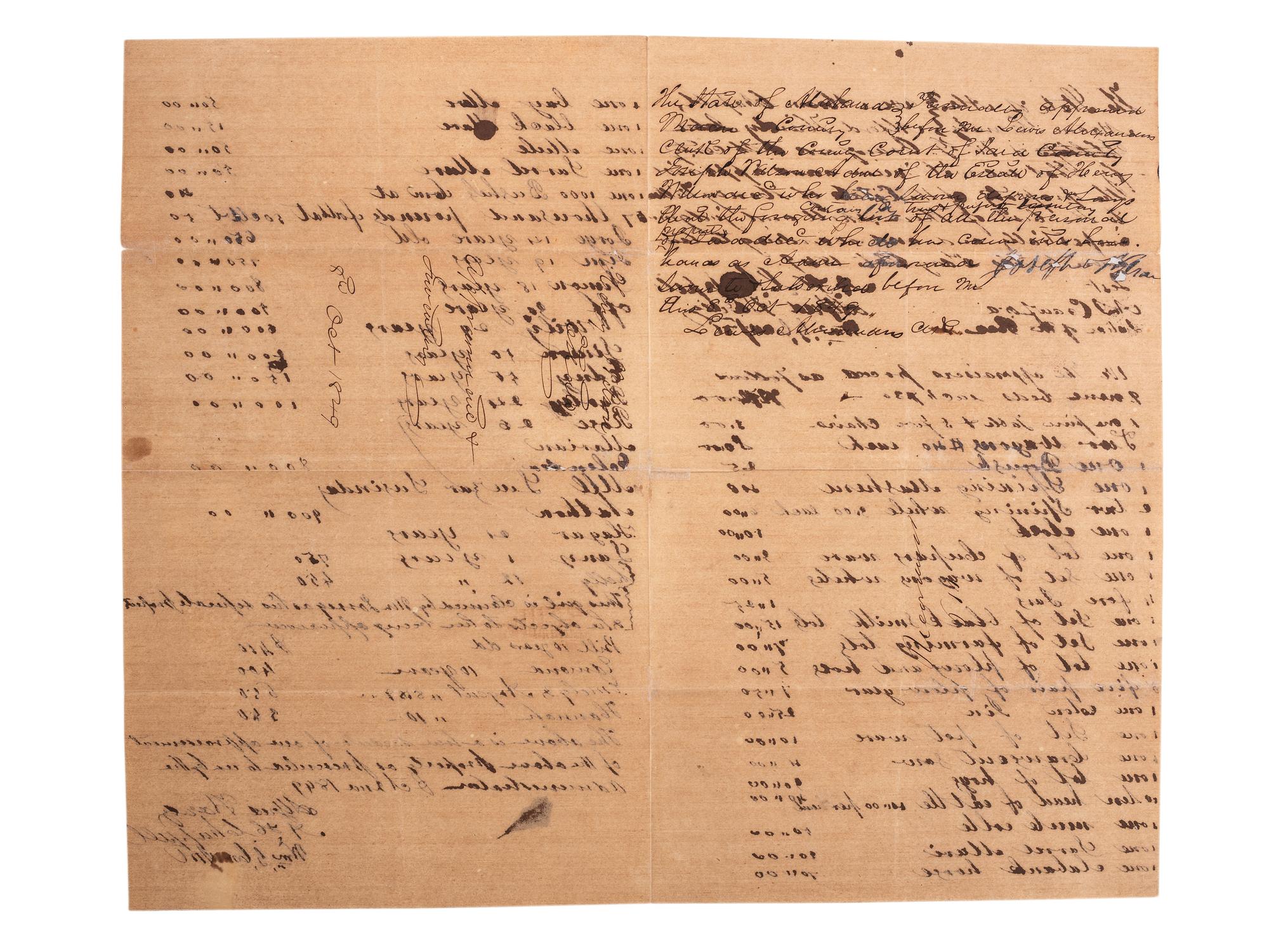 [SLAVERY & ABOLITION]. Manuscript plantation appraisal document listing 21 enslaved individuals. Macon County, AL, 2 October 1849.