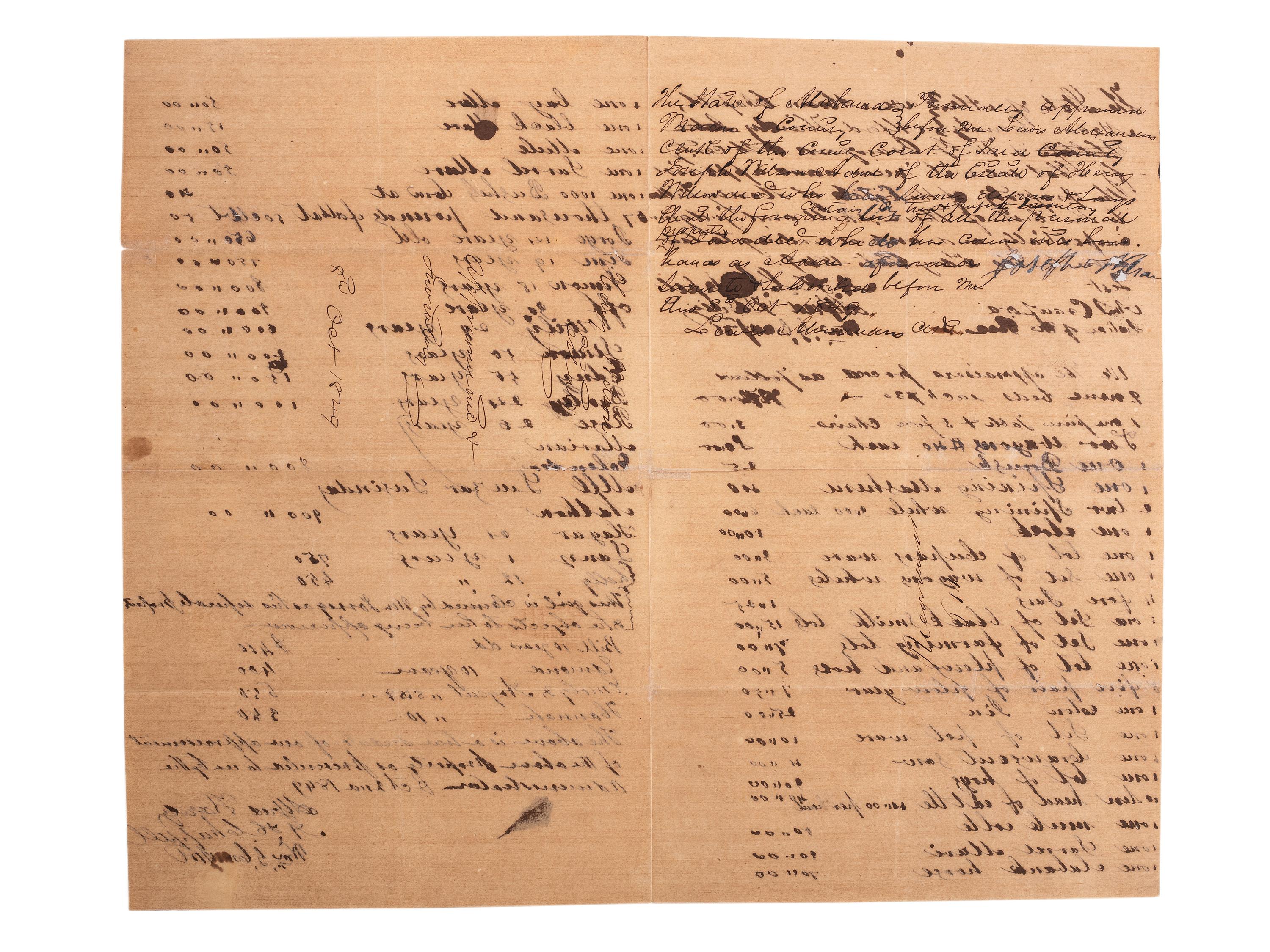 [SLAVERY & ABOLITION]. Manuscript plantation appraisal document listing 21 enslaved individuals. Macon County, AL, 2 October 1849.