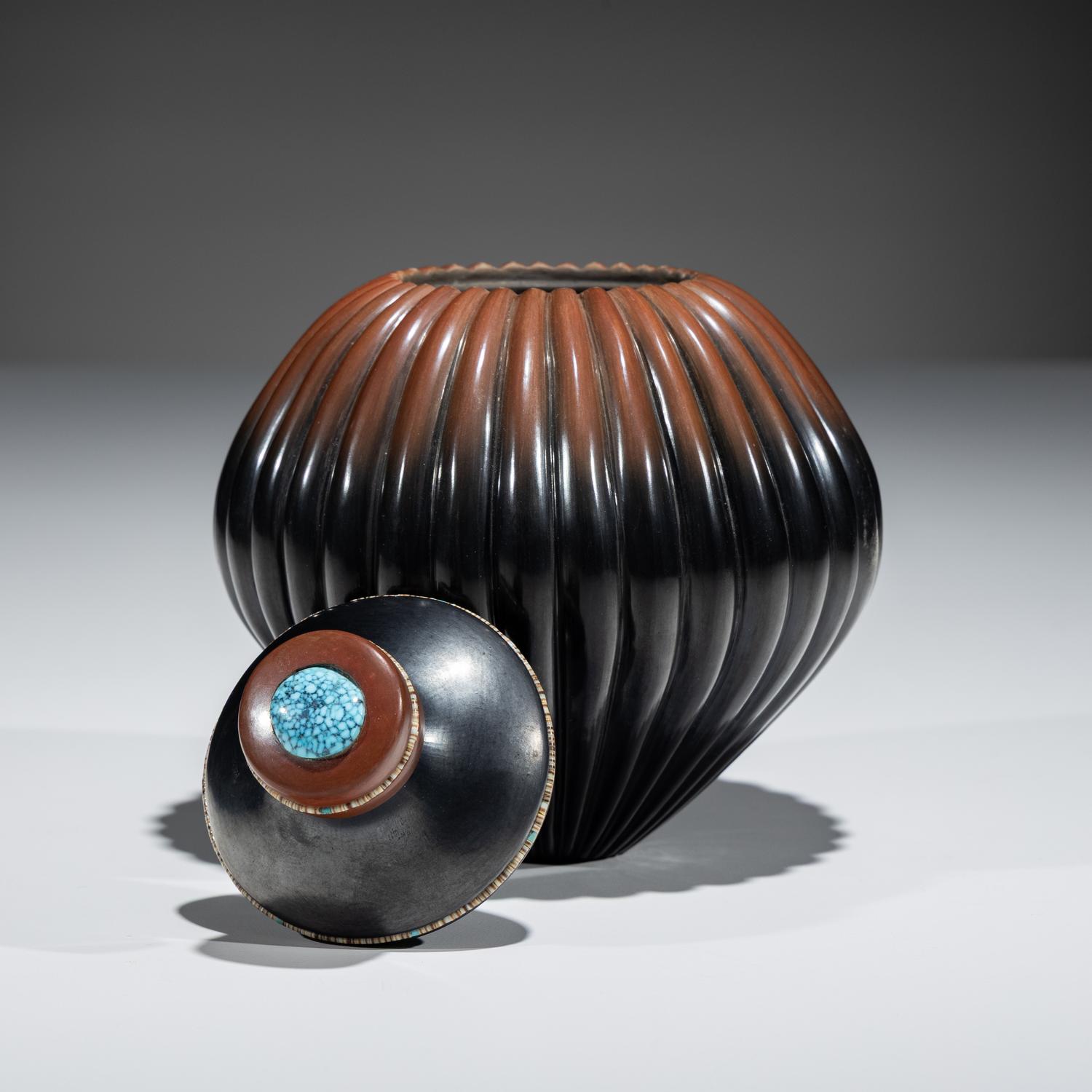 Black and Sienna Melon Jar, with Heishi and Turquoise Cabochon