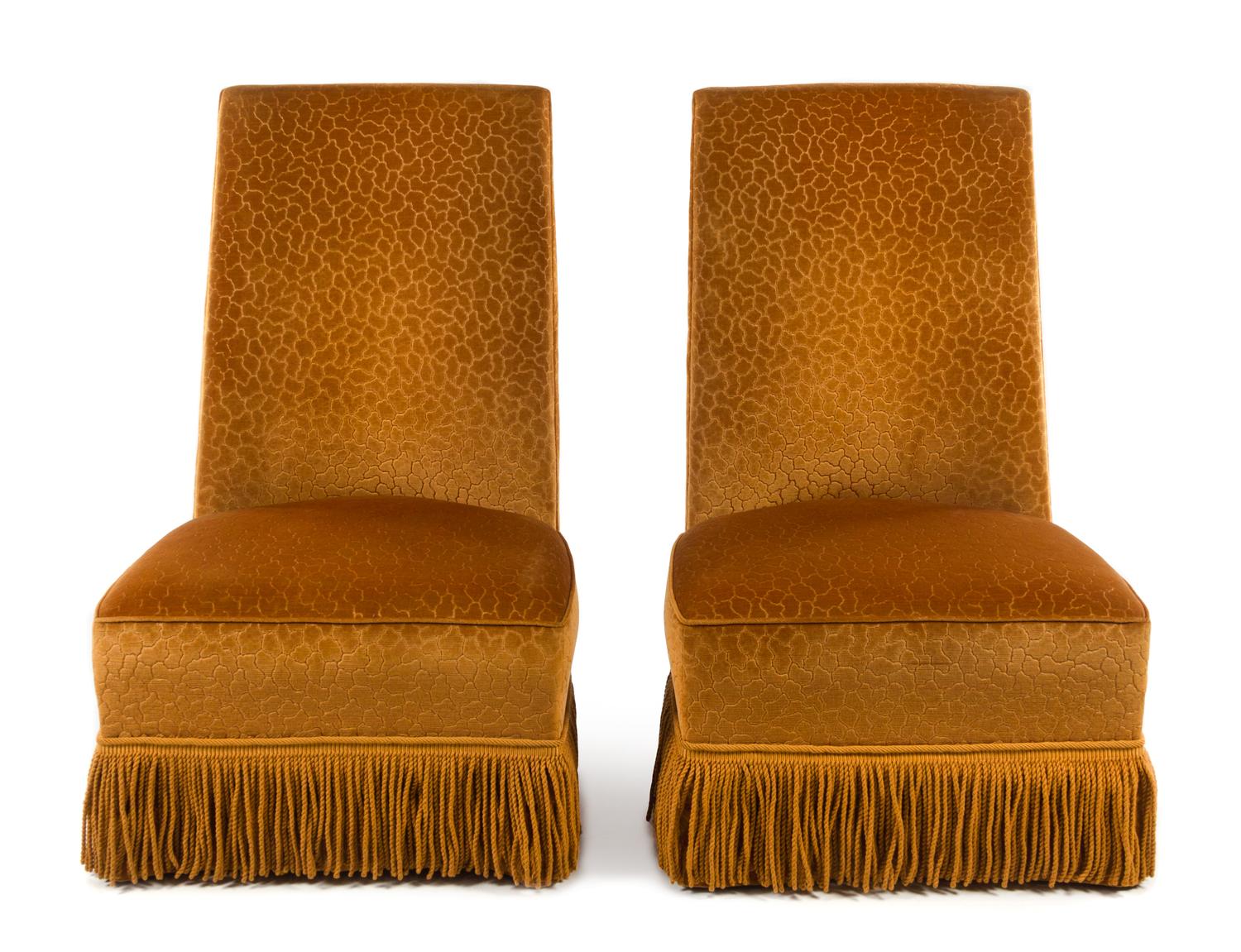A Pair of Cut Velvet Upholstered Slipper Chairs Height 60 x width 32 x depth 17 inches. — 20TH CENTURY