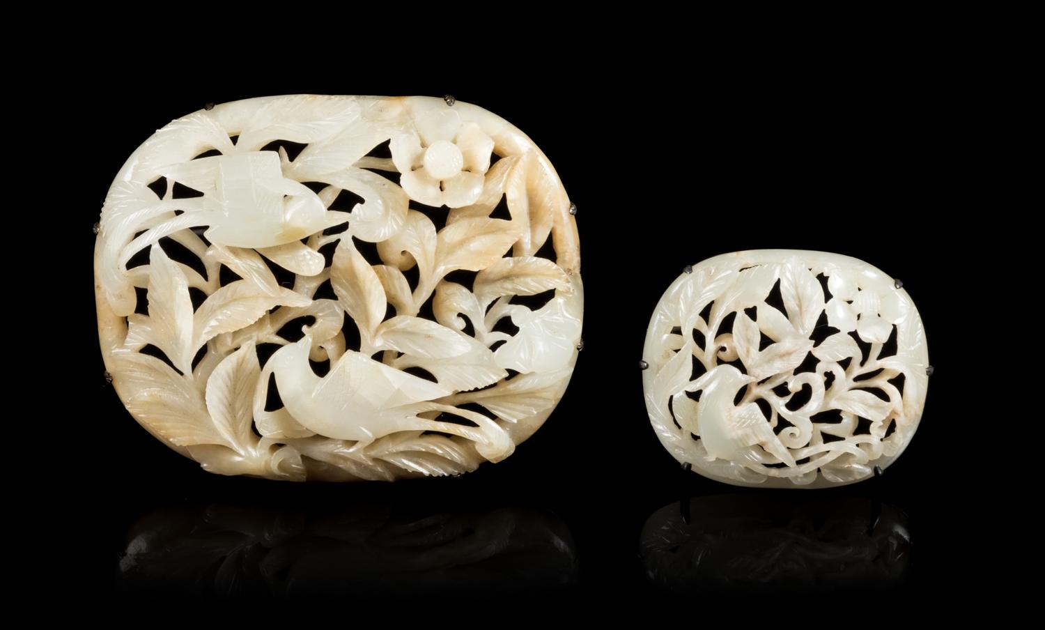 Two Celadon Jade Reticulated Plaques Length of larger 3 1/8 inches. — MING DYNASTY (1368-1644)