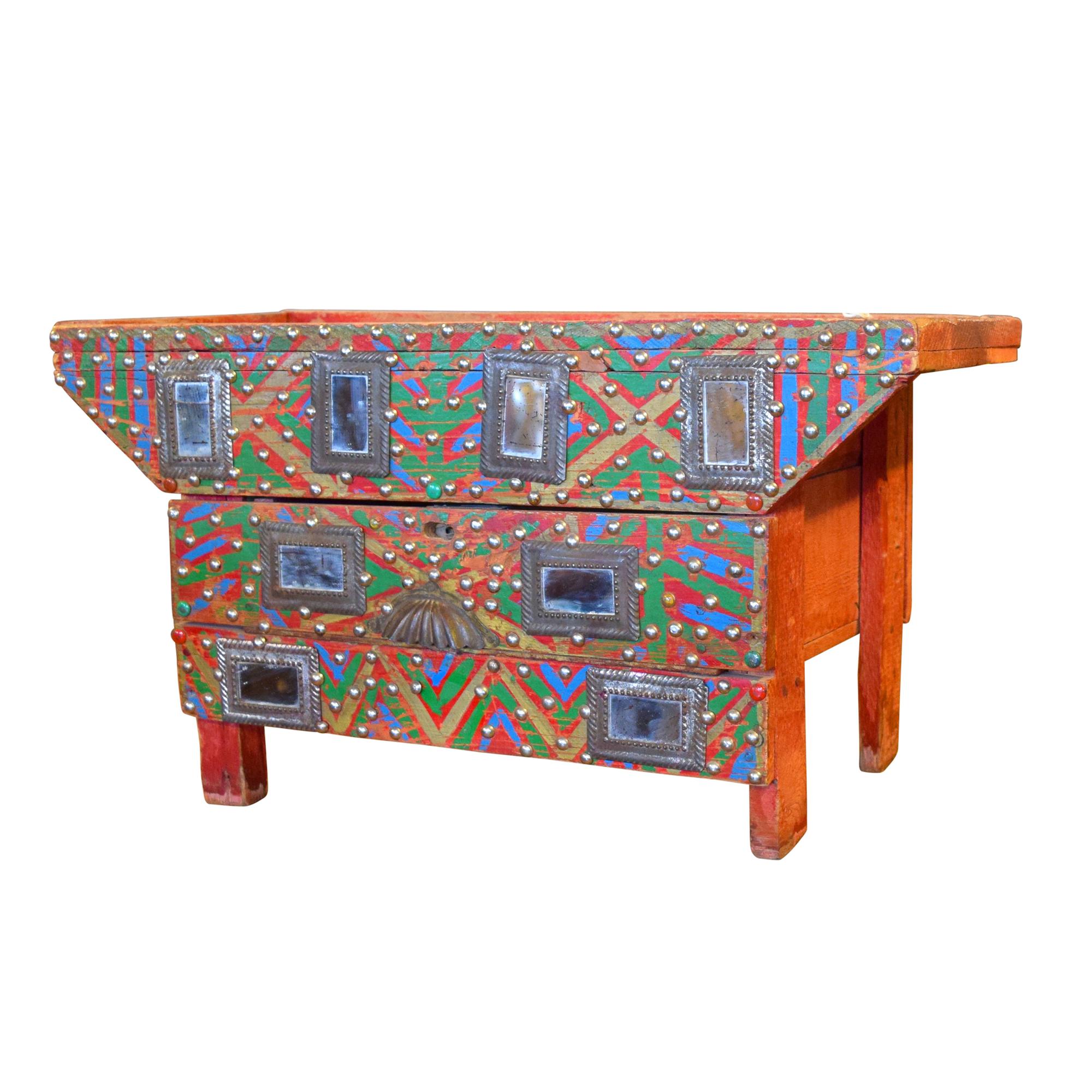 A Painted and Mirror Applied Low Chest 24" W X 11.25" D X 13" H — India, 20th Century
