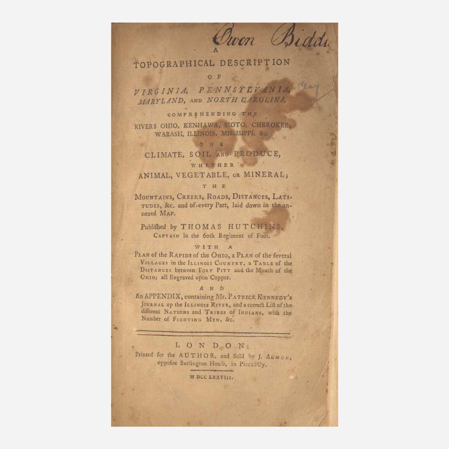[Maps & Atlases] Hutchins, Thomas A Topographical Description of Virginia, Pennsylvania, Maryland, and North Carolina...
