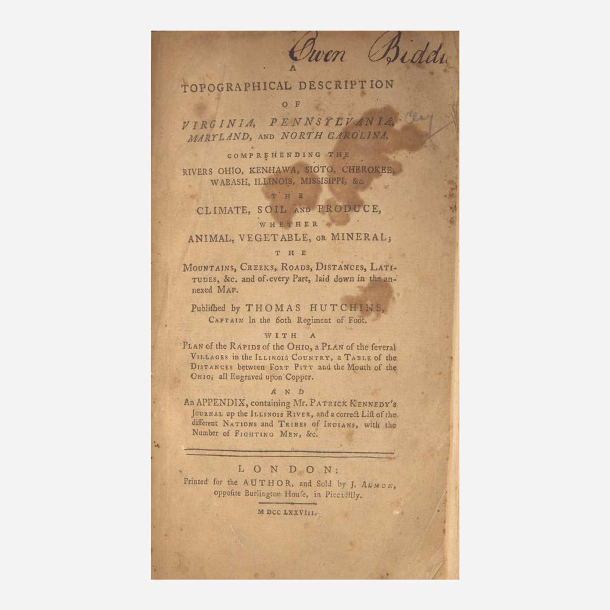 [Maps & Atlases] Hutchins, Thomas A Topographical Description of Virginia, Pennsylvania, Maryland, and North Carolina...